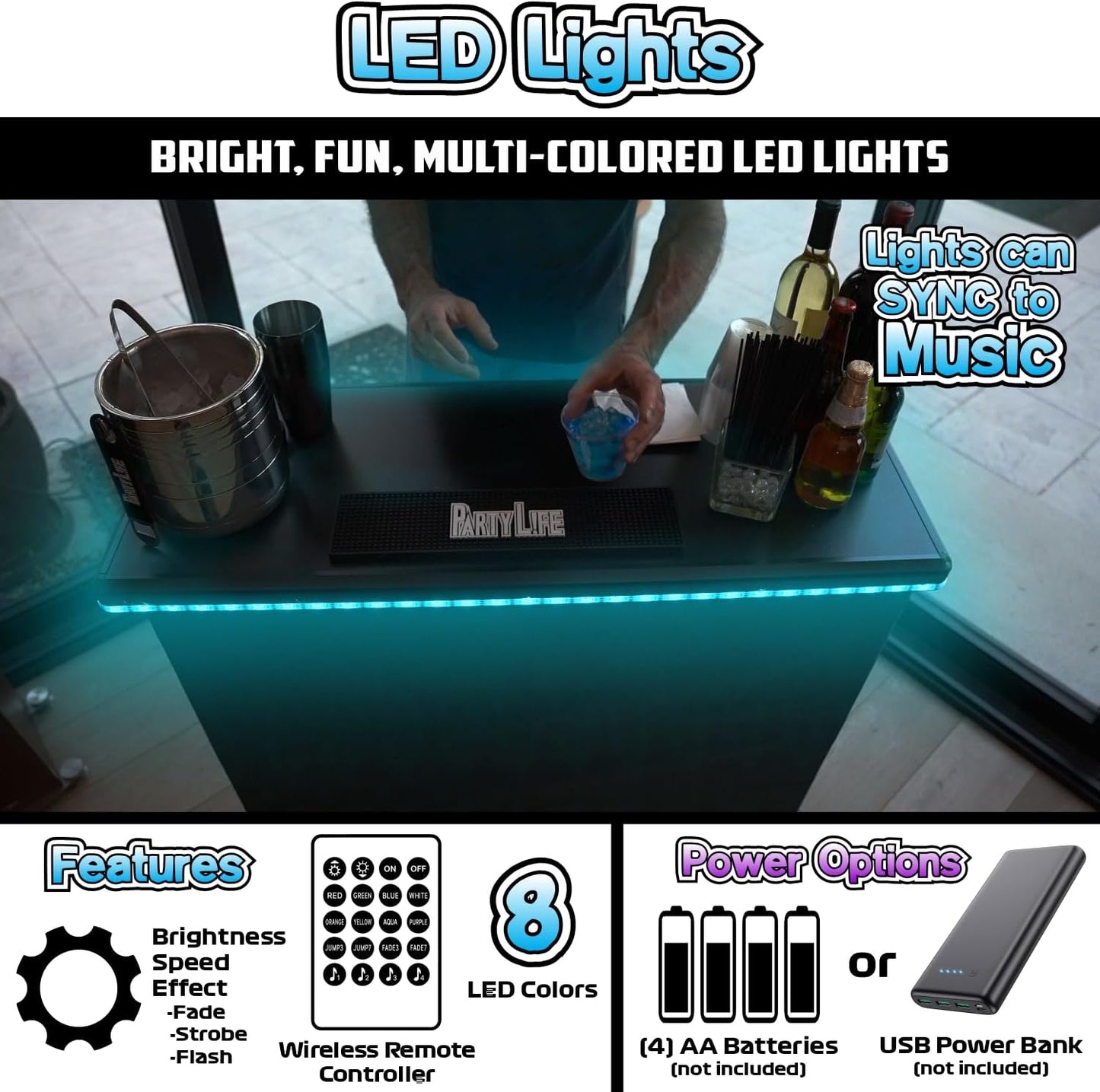 PartyLife NEW & Improved Portable Bar Table w/LED Lights, Folding Steel Legs, 2 Bar Skirts, Supportive Storage Shelf &