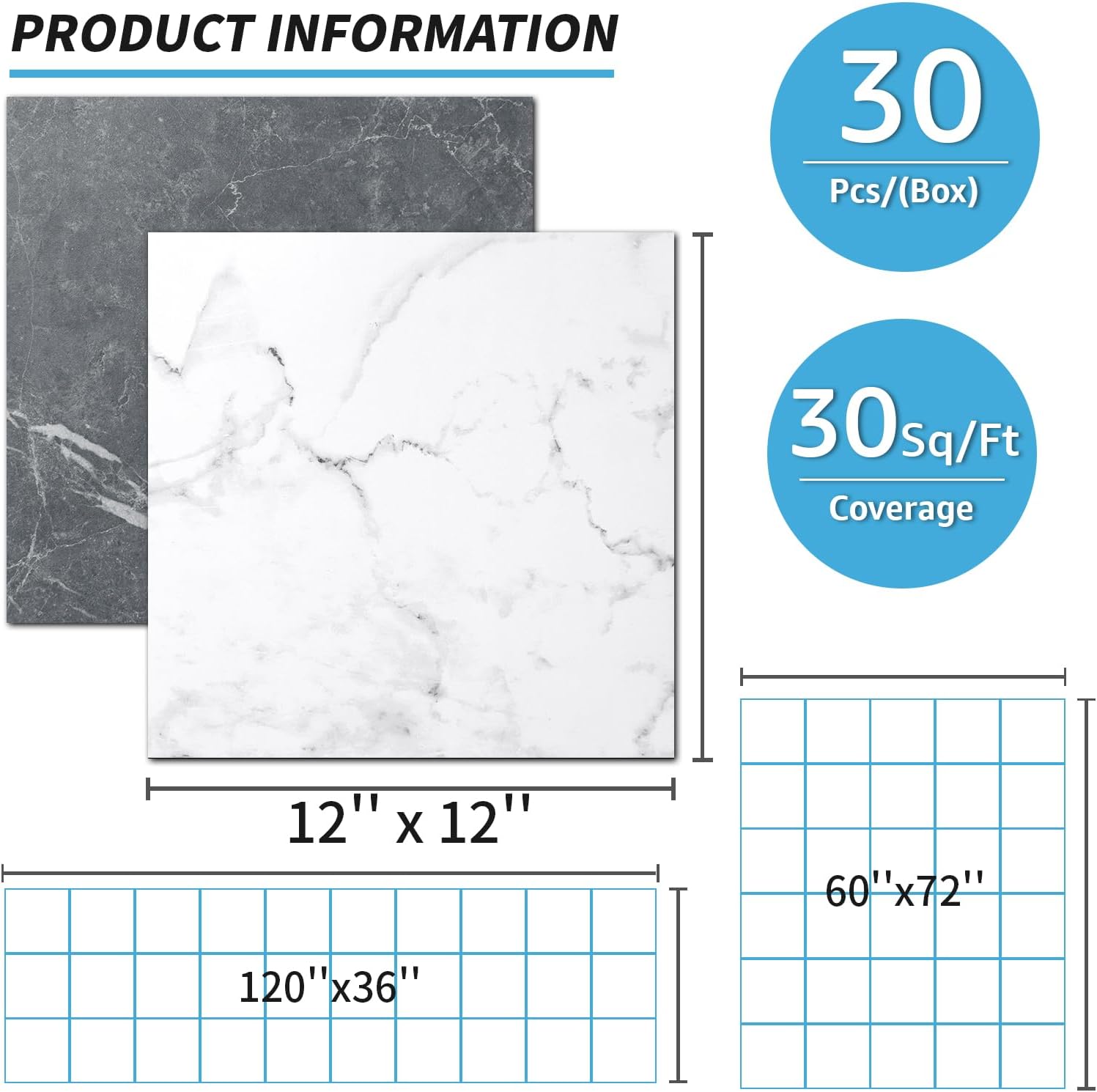 Peel and Stick Vinyl Floor Tiles / 12 x 12 / Black/white Marble / Set of 30