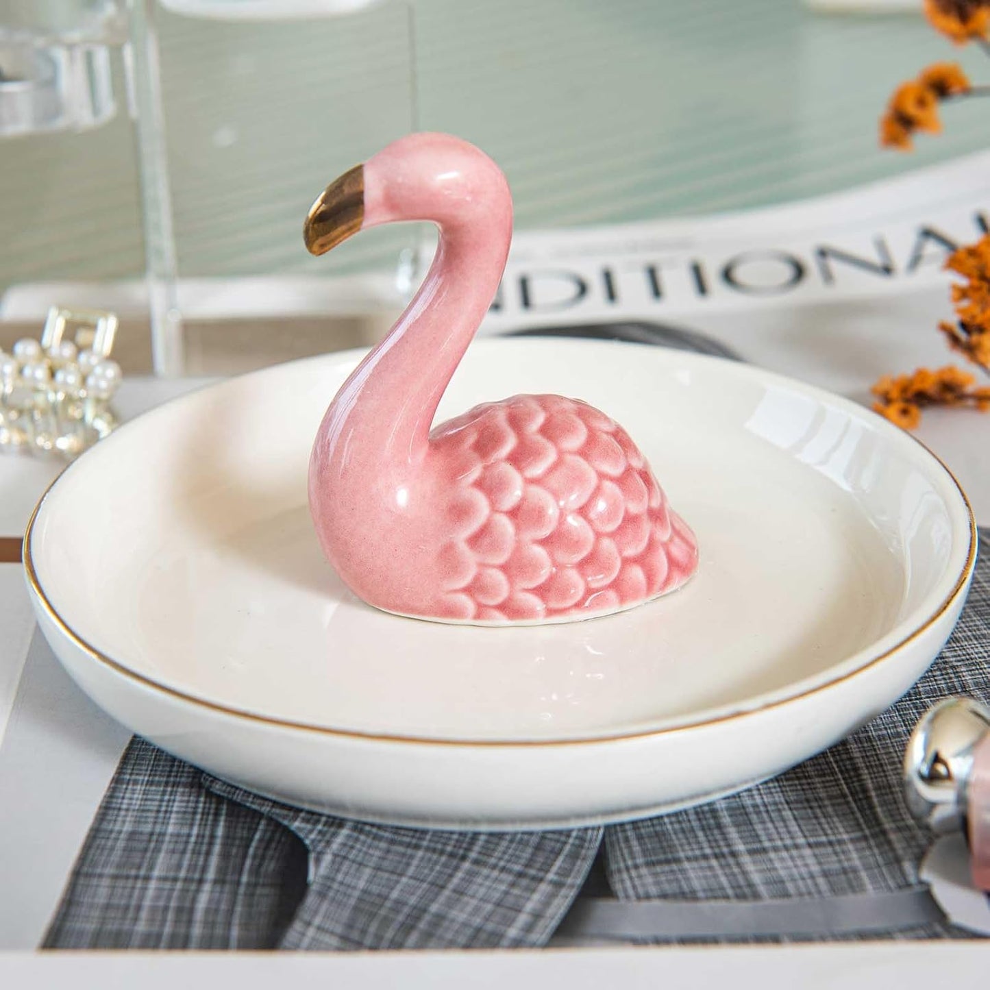 Ceramic Jewelry Tray Trinket Dish for Necklace Keychain Organizer / Flamingo