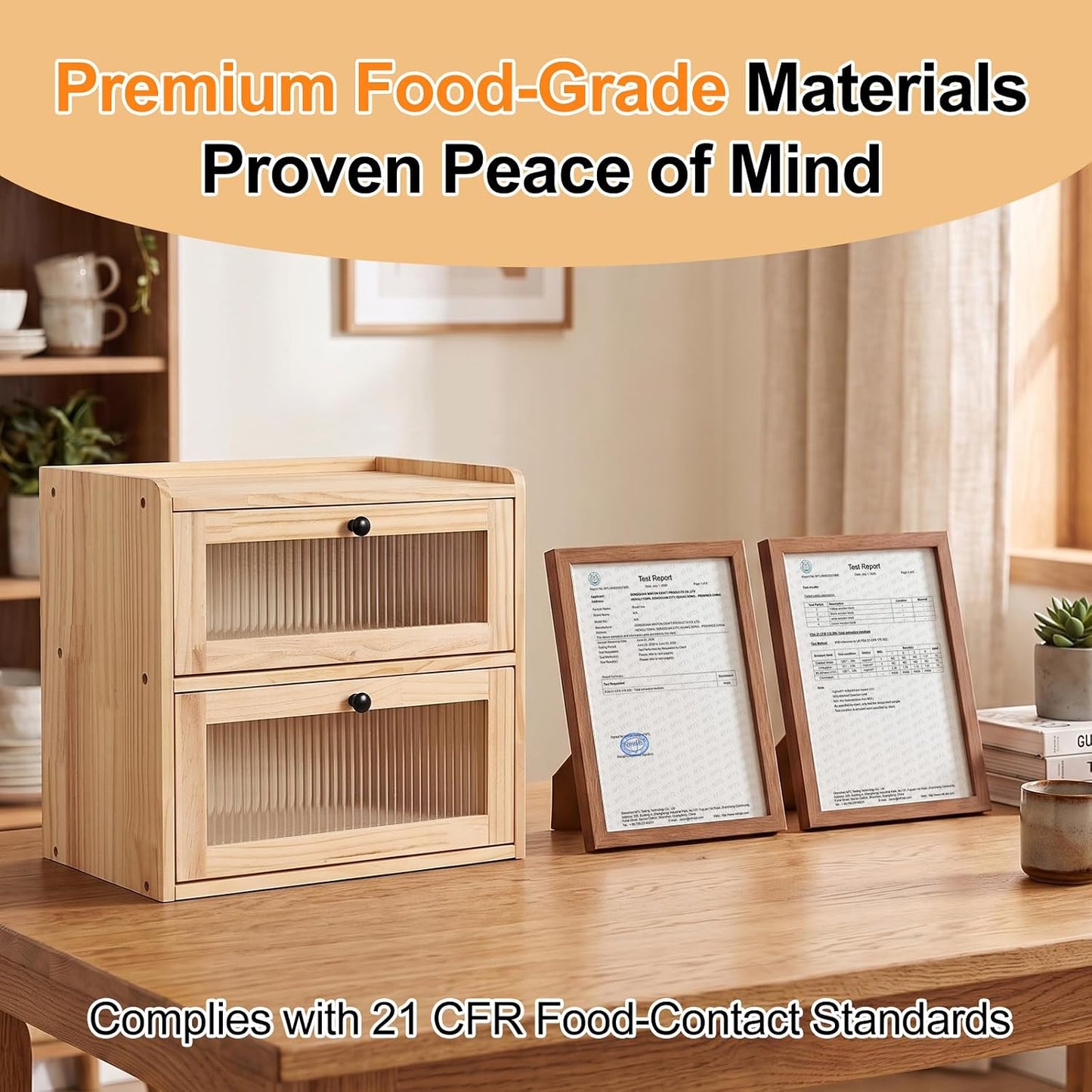 Alpeir Wooden Bread Box for Kitchen Countertop, Large Double Layer, Nature | Food-Safe Pine Wood, Double-Row