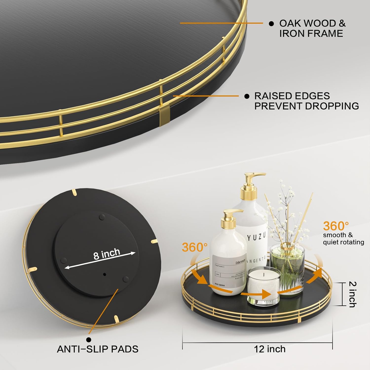 12" Oak Wood Lazy Susan Organizer / Gold Black / Set of 12