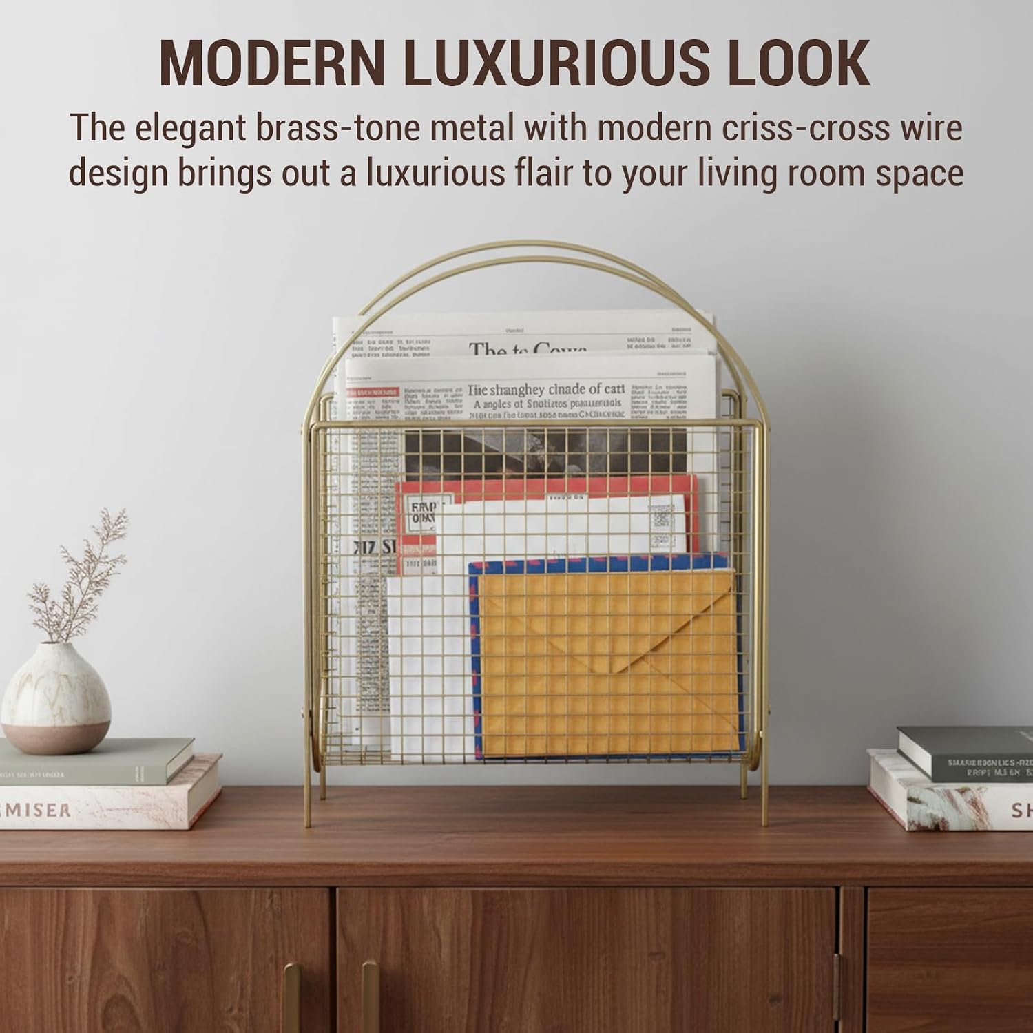MyGift Mid Century Brass Tone Metal Mesh Magazine Rack Storage Basket | Freestanding Tabletop Organizer, Keeps Reading