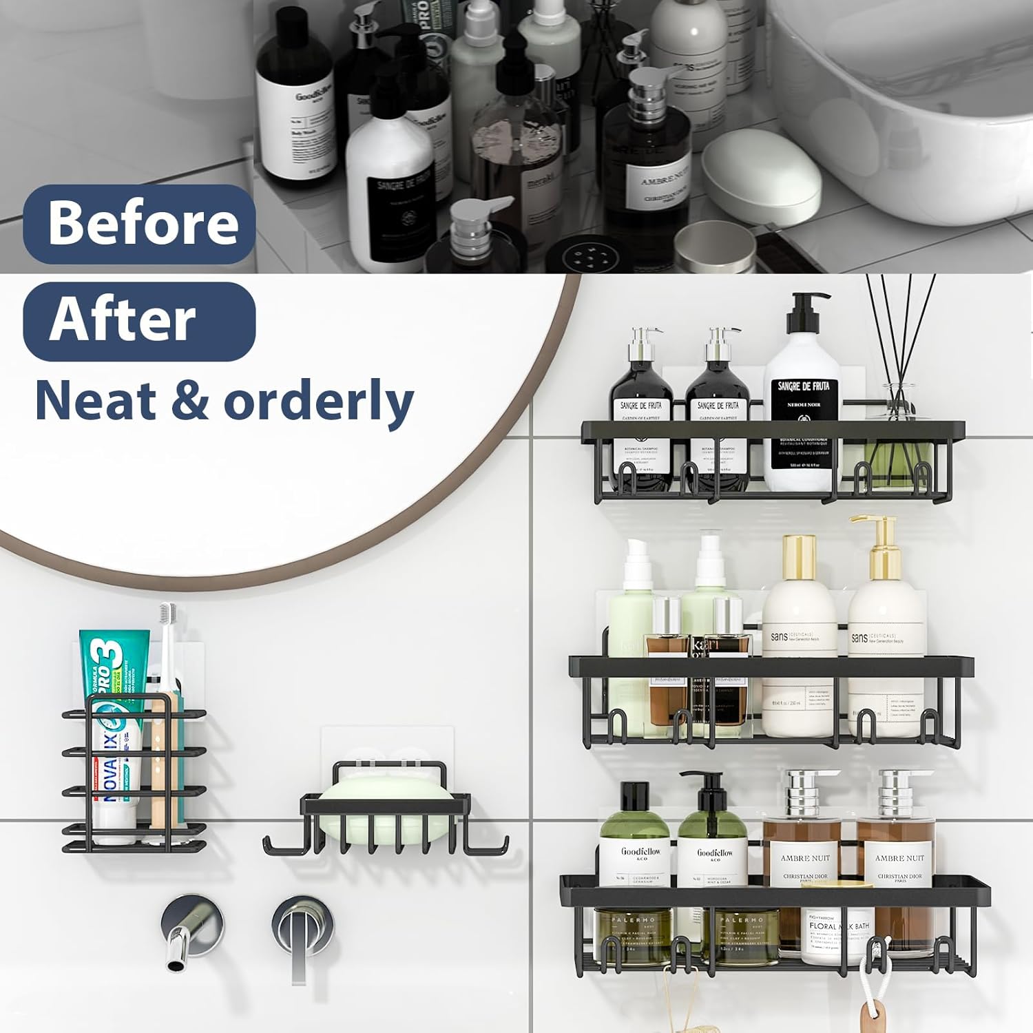 Adhesive Bathroom Wall Storage Basket Rustproof / Black / Set of 5