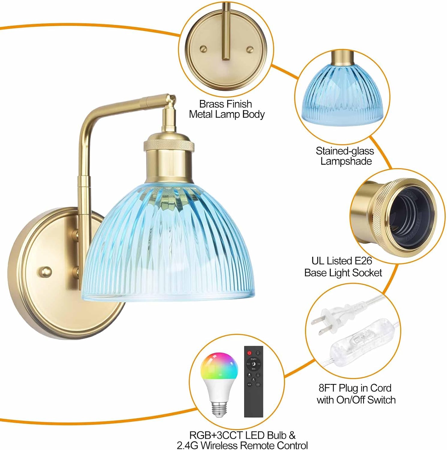 Swing Arm Wall Sconce, Plug in or Hardwired Gold Wall Lamp with Blue Stripe Ribbed Glass Shade, Modern Remote Dimmable