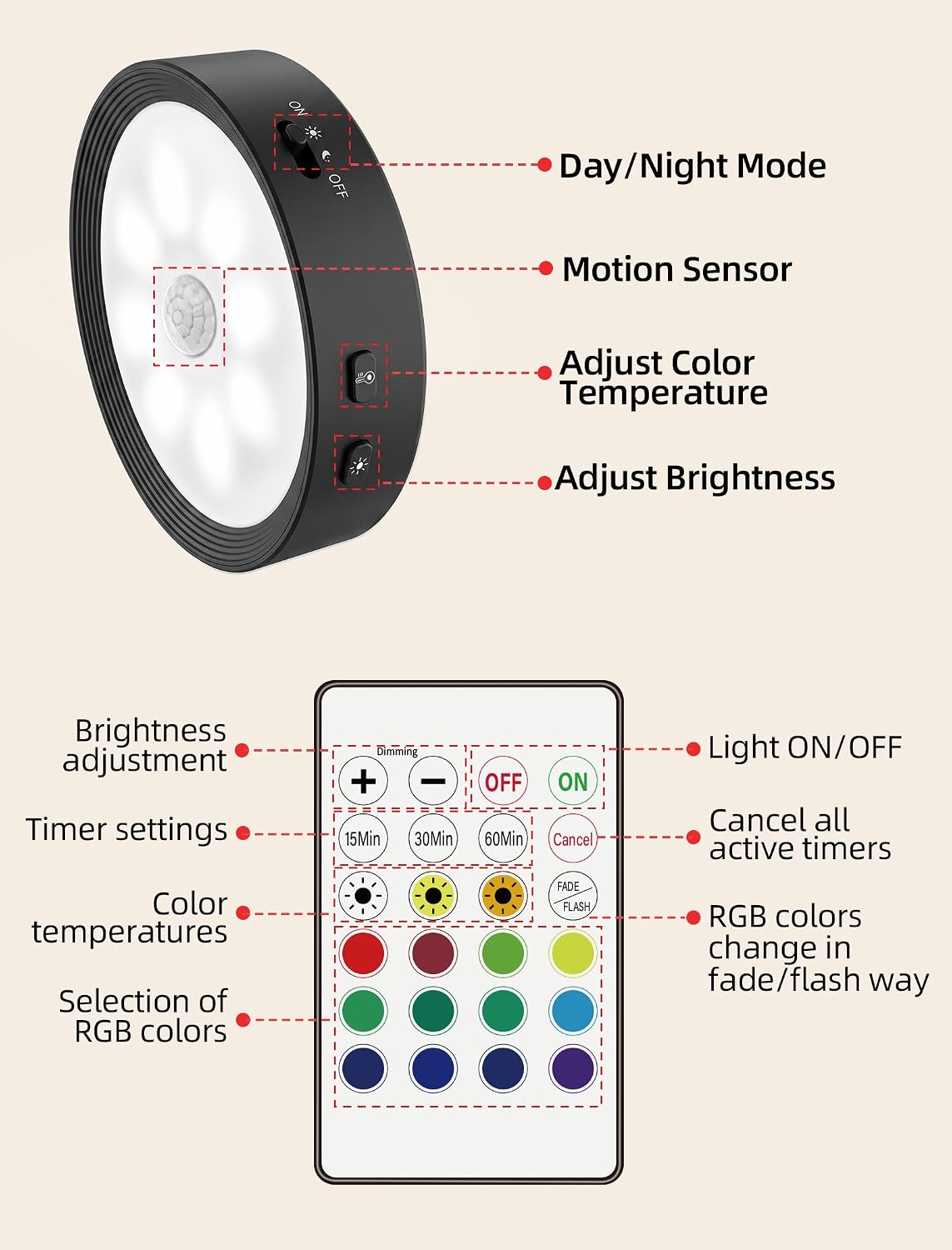 8-PACK Under Cabinet Lighting Rechargeable Puck Lights with Remote Black | 3 color temps & 12 RGB, dimmable, 15/30/60