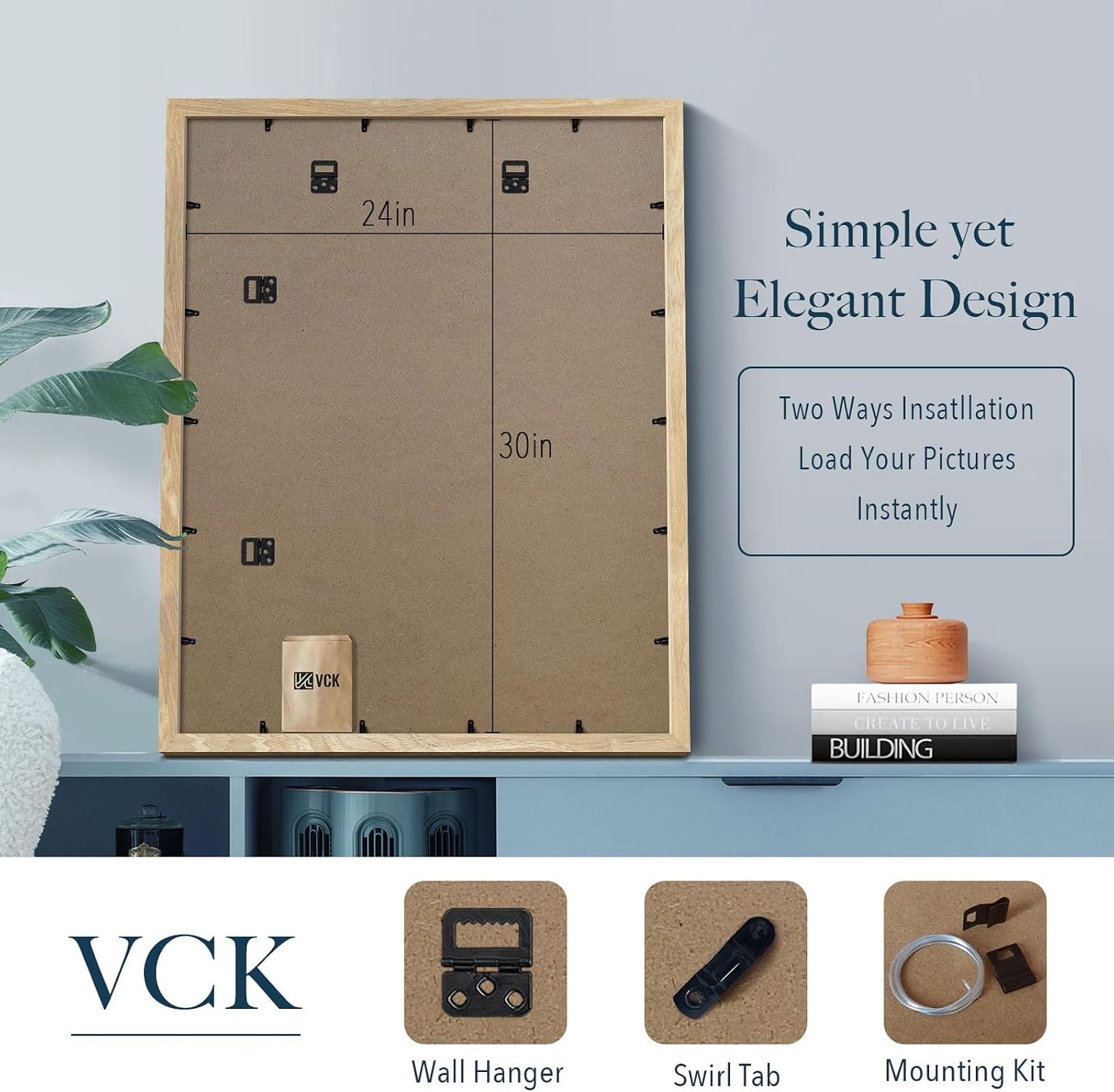 VCK 24x30 Poster Frame Set of 3, Natural Solid Wood, Wall Hanging | Wide Border, Light Woodgrain, Shatterproof