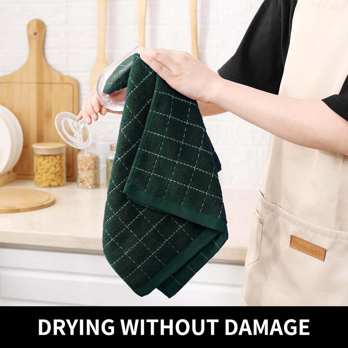 Homaxy Kitchen Towels and Dishcloths Set, Set of 10, Blackish Green | Bulk Cotton Terry Kitchen Towels, Checkered