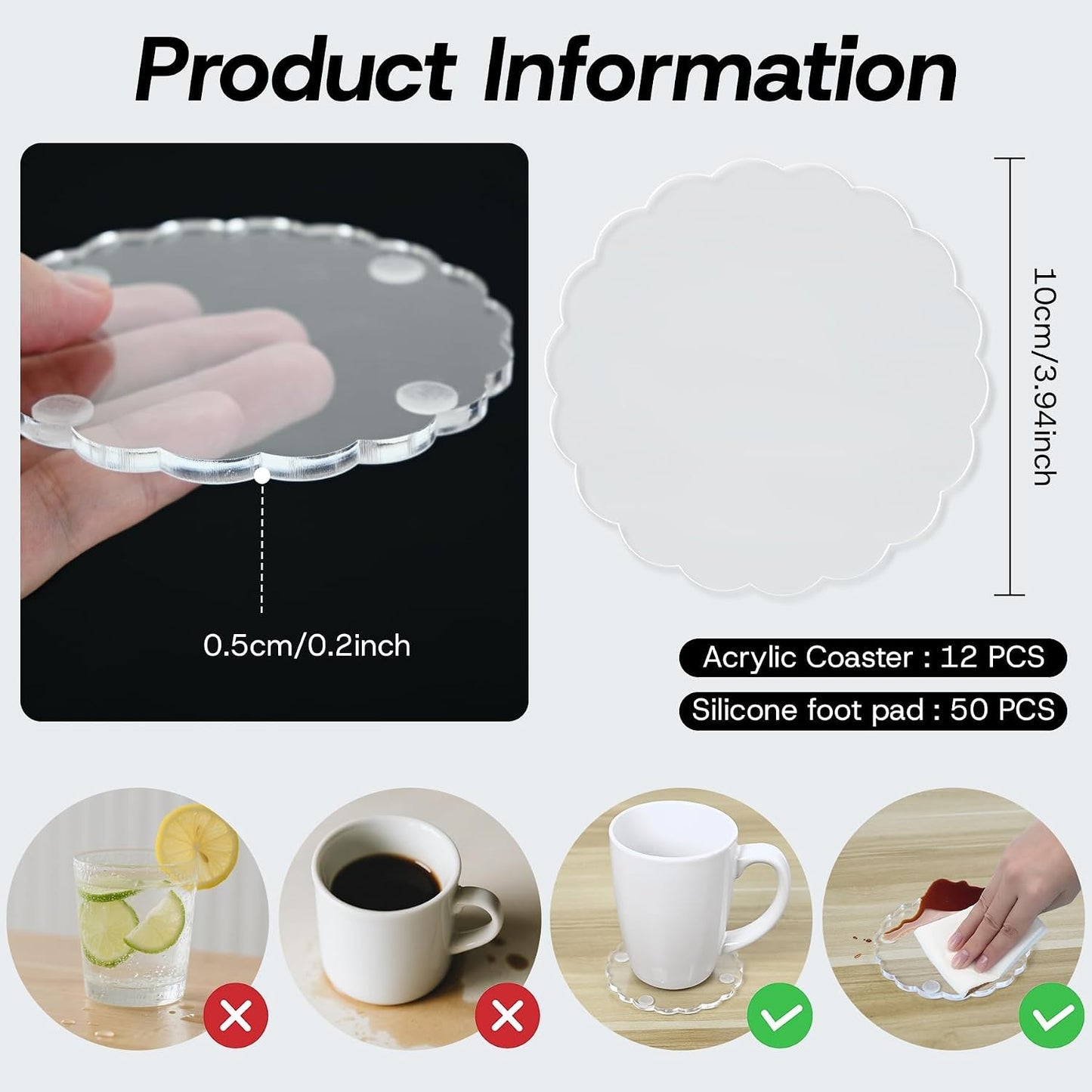 Scalloped Acrylic Coasters for Drinks Coaster / Clear / Set of 12