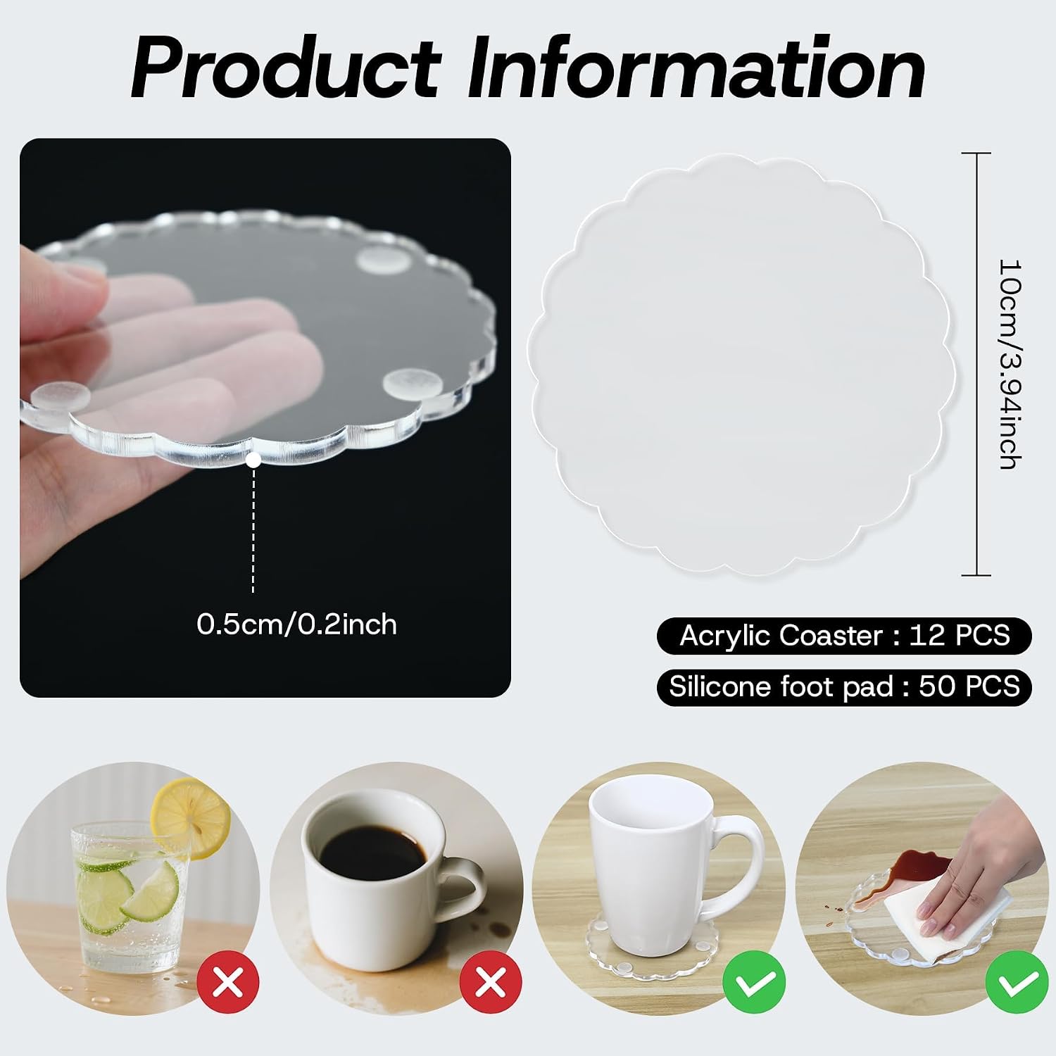 Scalloped Acrylic Coasters for Drinks Coaster / Clear / Set of 12