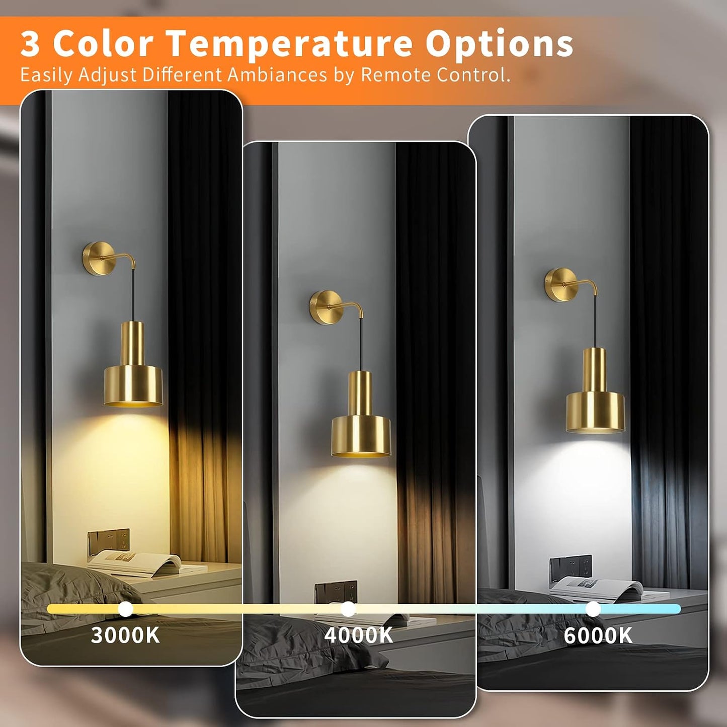 Gold Wireless Battery Operated Wall Sconces Set of 2 with Remote Control | Dimmable Wall Lamp with 3000K-6000K