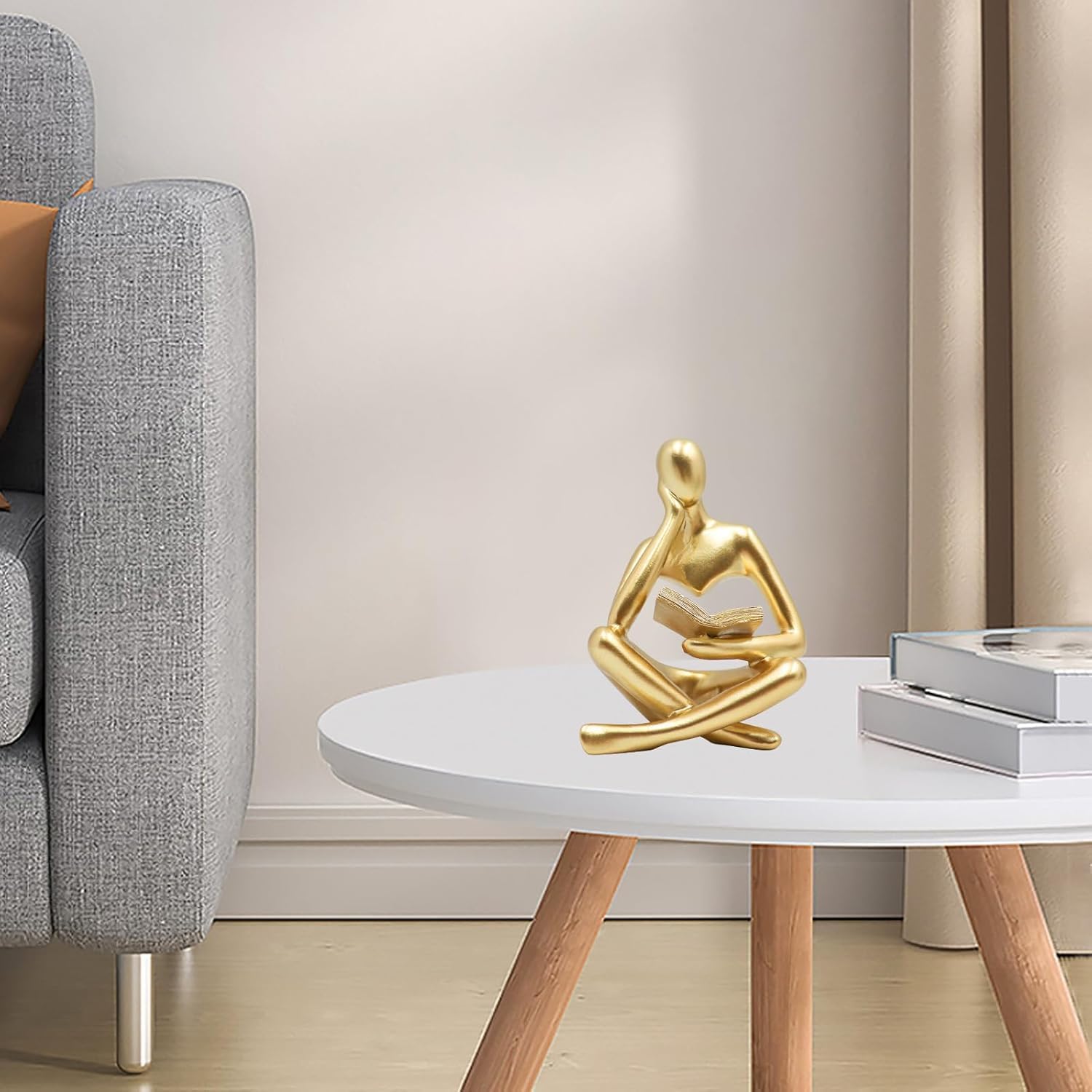 Resin Desktop Statue / Golden Abstract Thinker Reading Sculpture