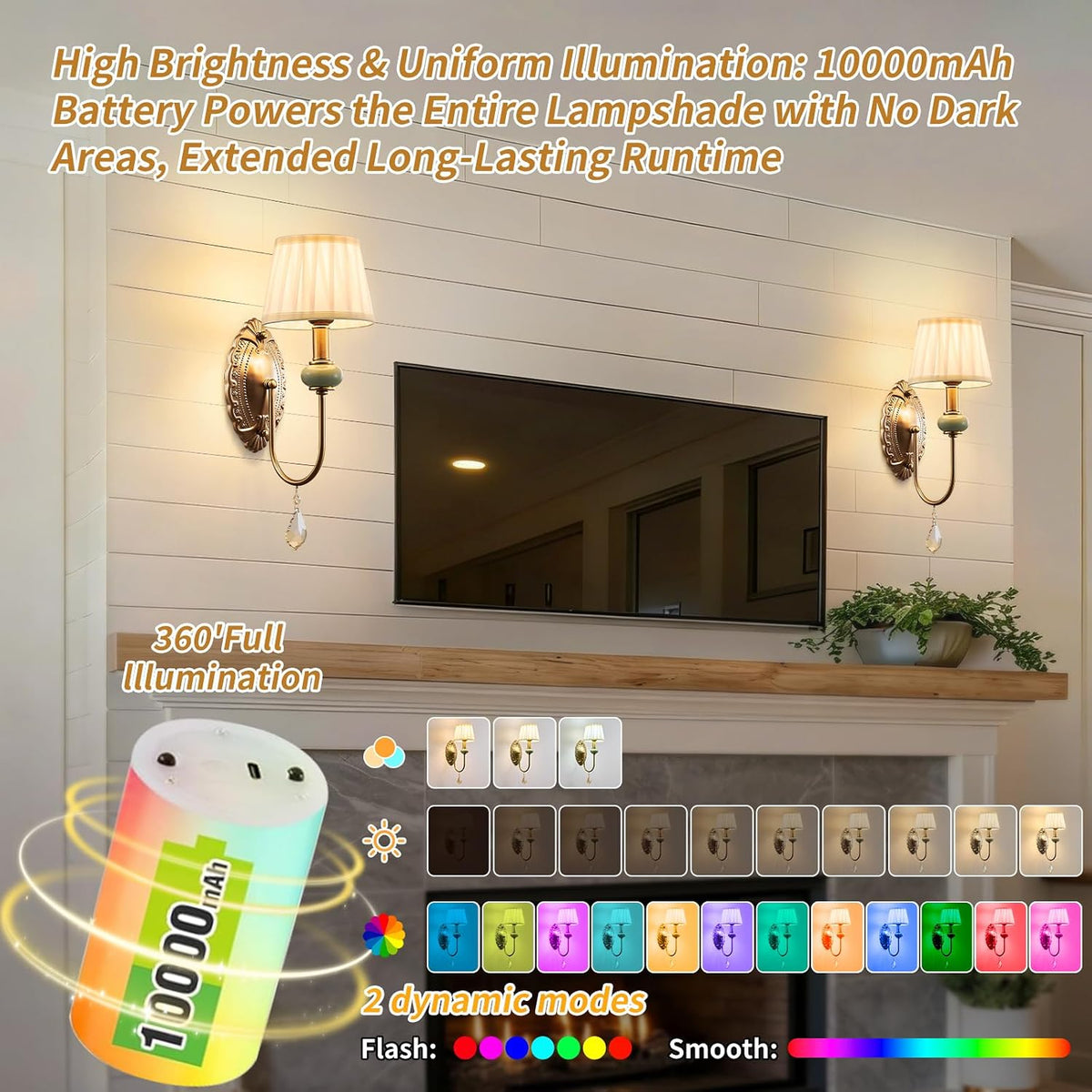 Wireless Battery Operated Antique Brass Wall Sconces Set of 2, 10000mAh Rechargeable Gold Crystal Vintage Fabric Shade