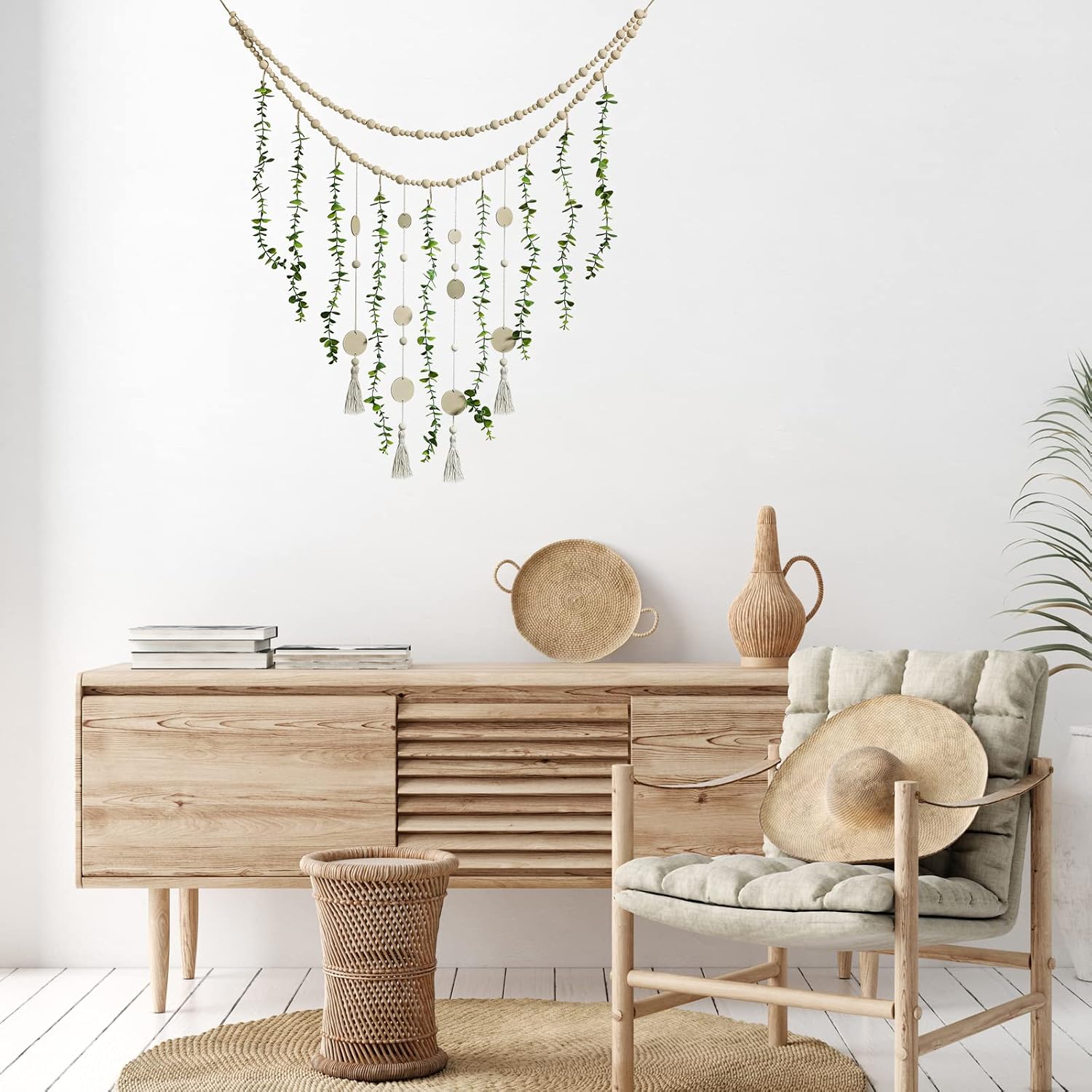 Hanging Eucalyptus Boho Wall Decor Large Boho Bedroom Wall Hanging Wooden Bead Garland / Natural
