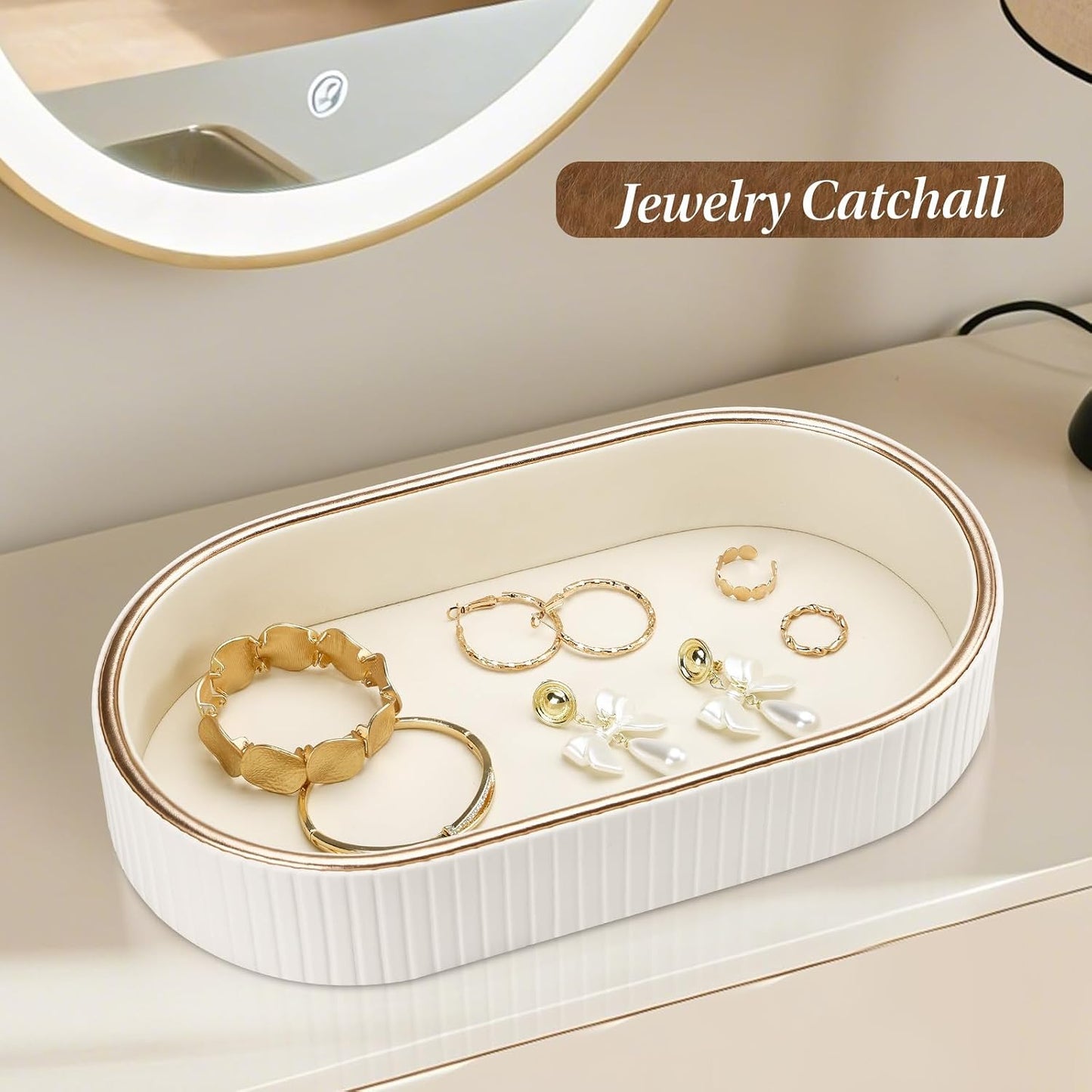 Oval Vanity Tray Perfume Organizer / Cream White