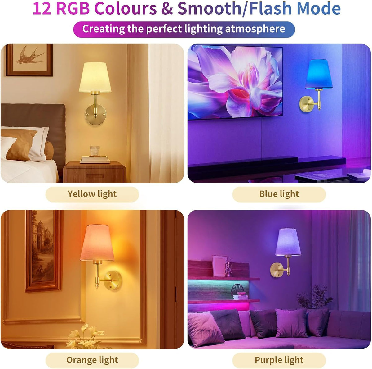 Battery Operated Wall Sconce Set of 2, Rechargeable Wireless Wall Lights | with fabric Lampshade, 5200mAh Dimmable Bulb