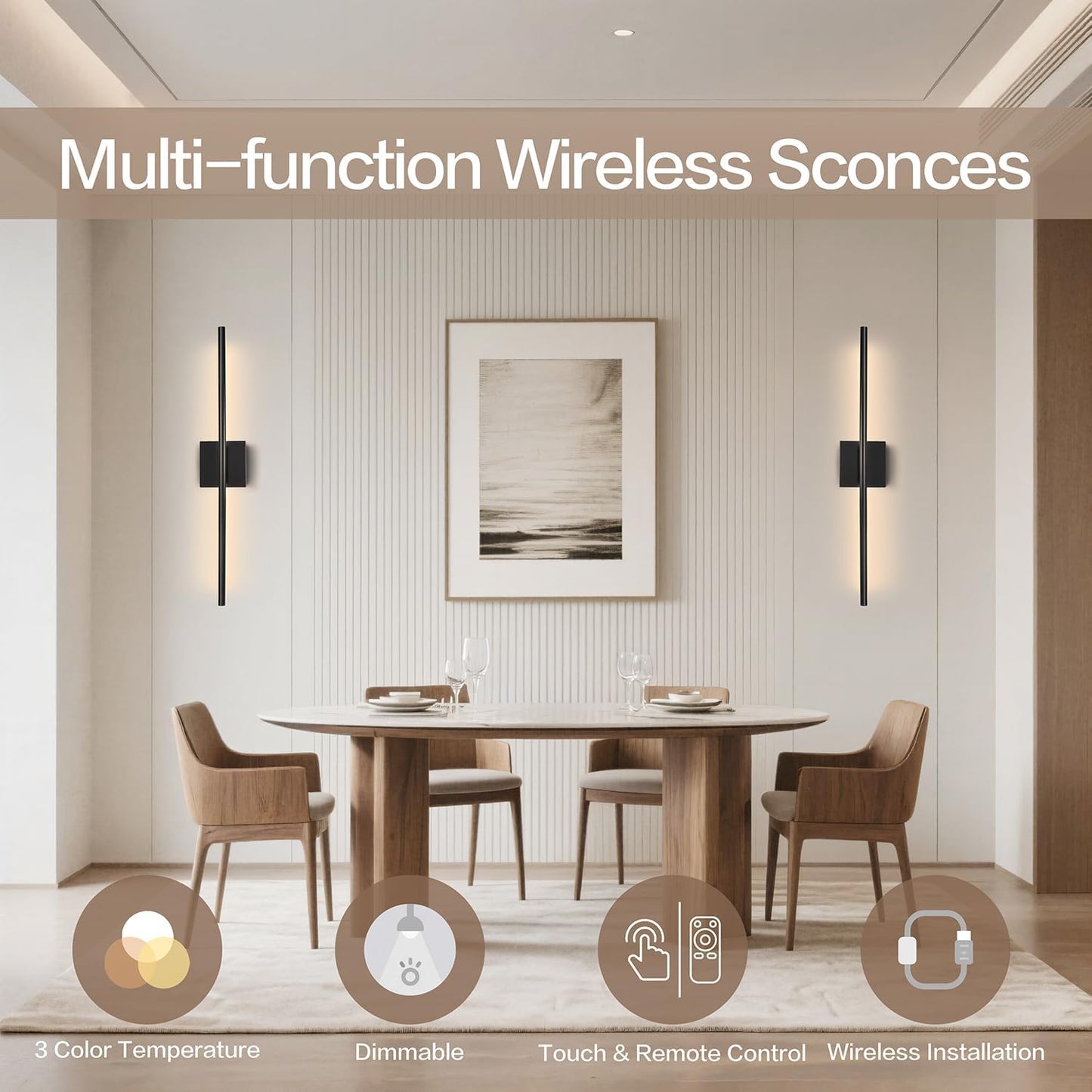 Rechargeable Wall Sconce Set of Two, Modern Wireless Black Wall Sconces with Remote, 28.35Inch Dimmable Indoor Home