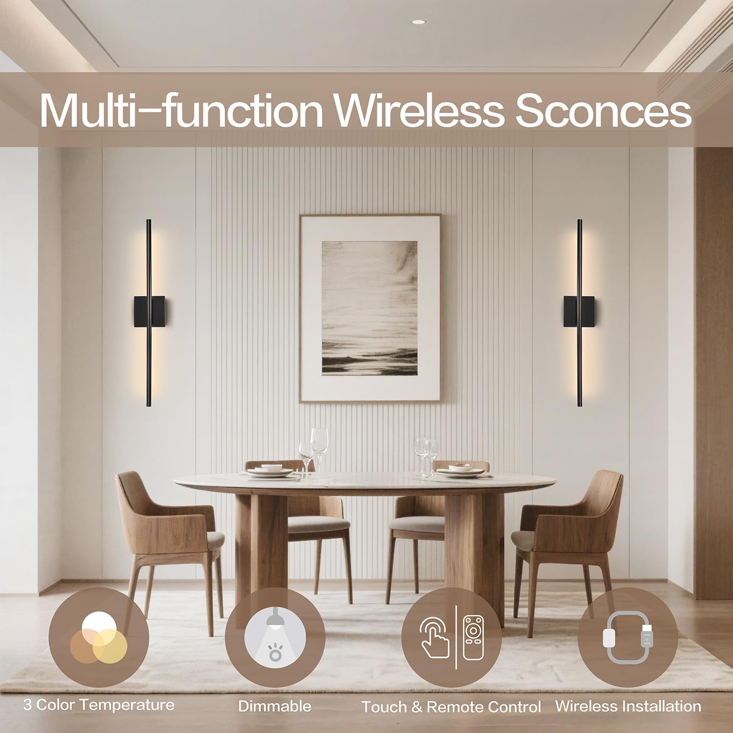 Rechargeable Wall Sconce Set of Two, Modern Wireless Black Wall Sconces with Remote, 28.35Inch Dimmable Indoor Home