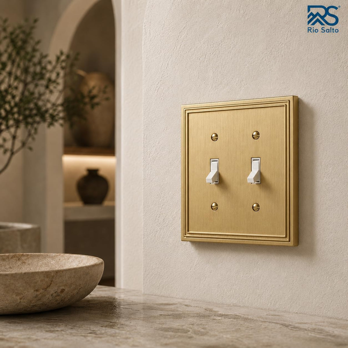 Rio Salto Gold Decorative 2 Light Switch Cover Plate Double Toggle Flip Switch Brushed Brass Gold Metal Wall Plates