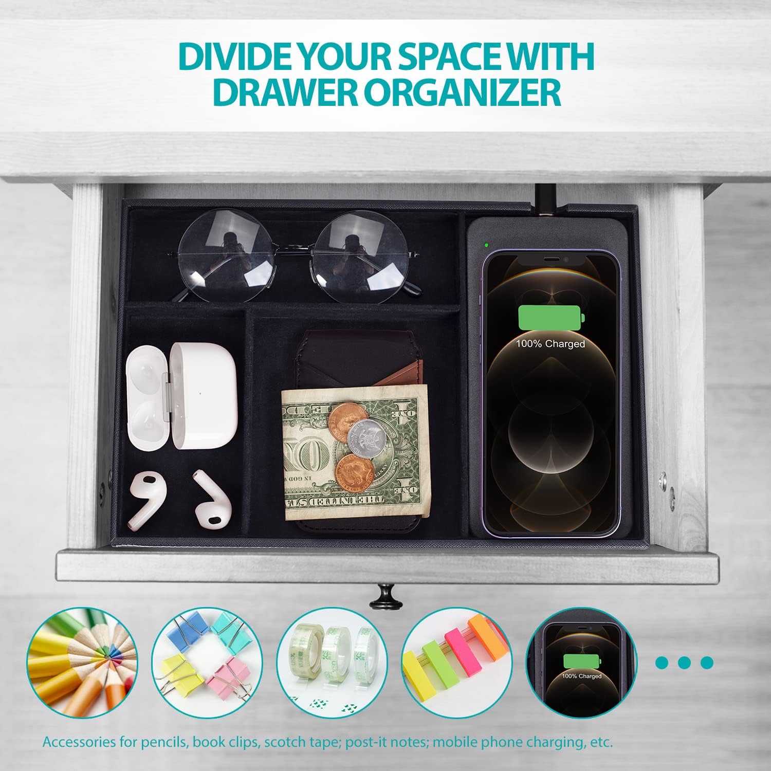Valet Tray, Built in Wireless Charging Pad, Nightstand Organizer | Dresser Organizer, Mens Jewelry Box, Valet Charging