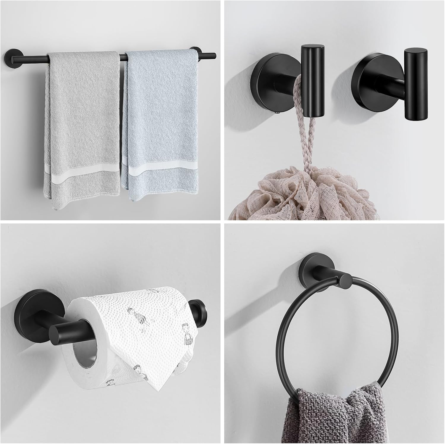 6 Pieces Matte Black Towel Bar Bathroom Hardware Set, 23.6Inch Matte Black Bathroom Accessories Towel Holder Set