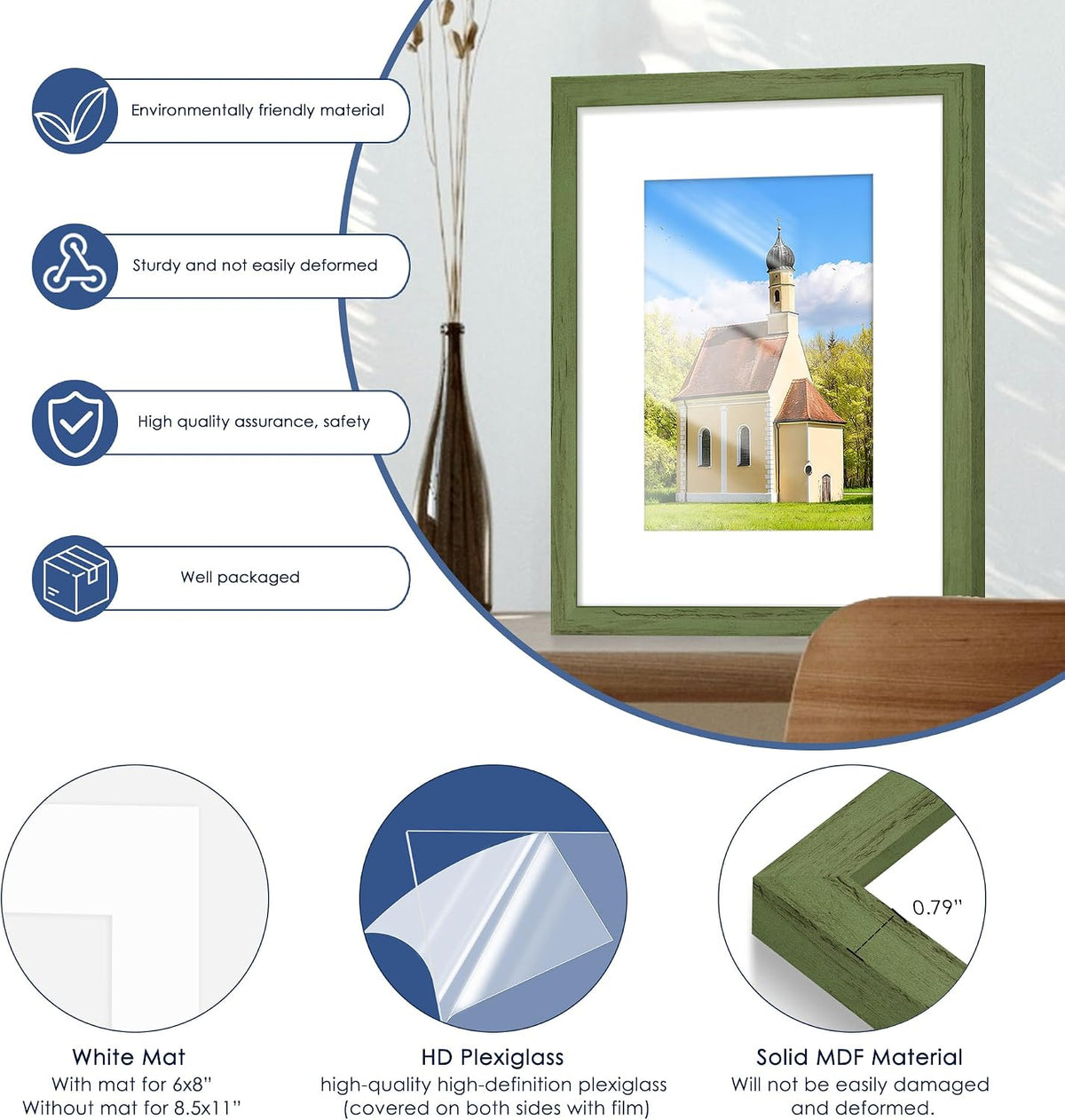 8x10 Picture Frame, Wall or Tabletop Display, Green Woodgrain,6 Pack | Display Pictures 5x7 with Mat or 8x10 Without