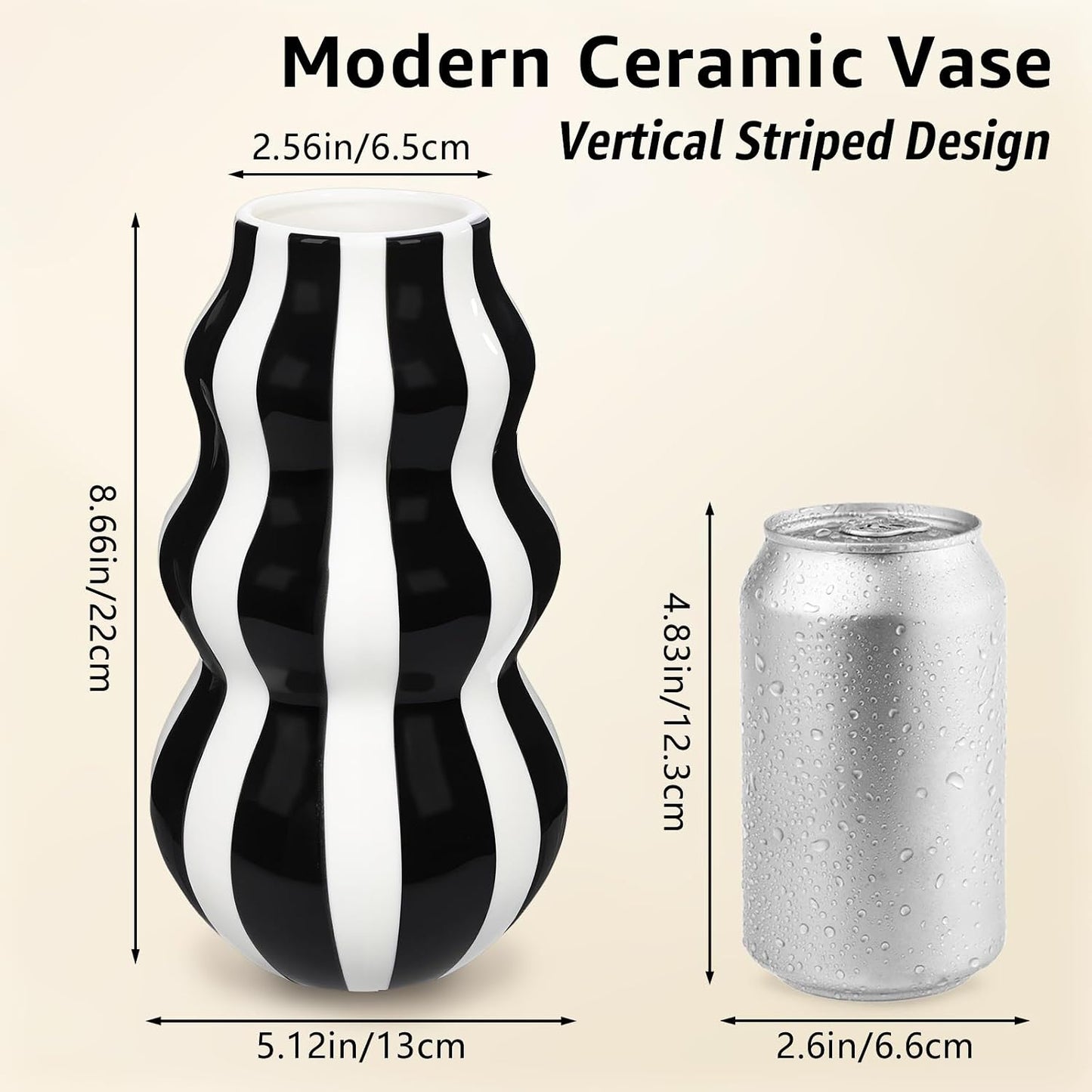 White Ceramic Vase / Black / 8.66 Inch