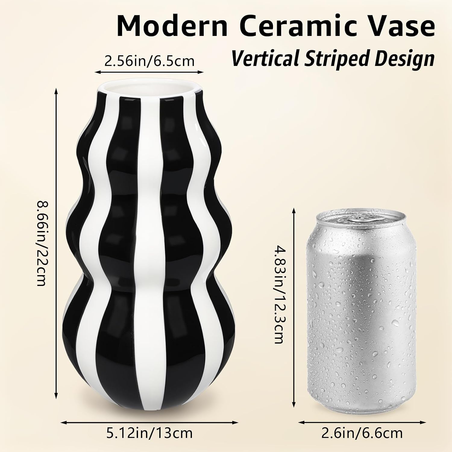 White Ceramic Vase / Black / 8.66 Inch
