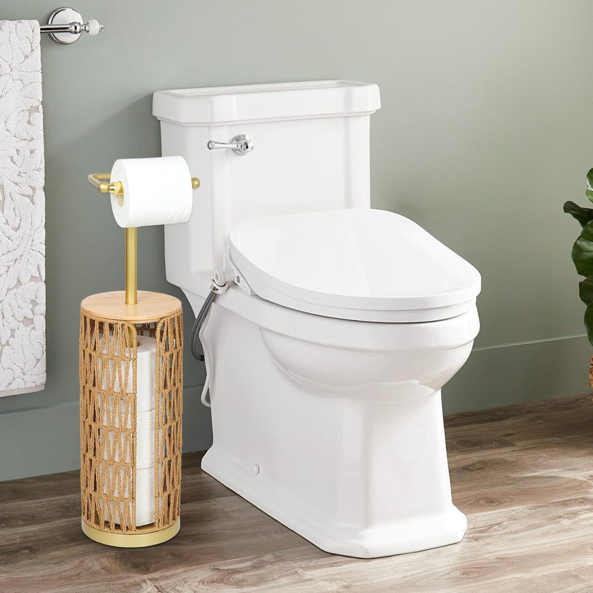 Freestanding Toilet Paper Holder with Storage,3 Rolls of Boho Toilet Paper Holder Stand with Lid,Gold Toilet Tissue