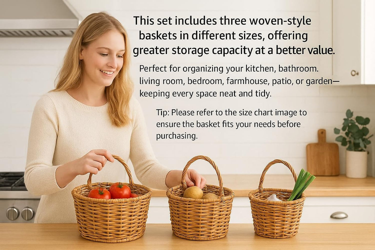 Rattan-Style Woven Storage Baskets / Natural / Set of 3