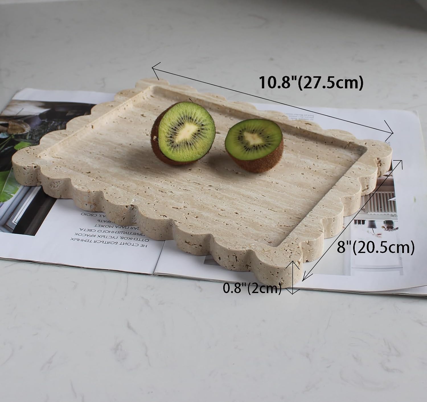 Natural Scalloped Marble Tray / Beige Travertine / 10.8 x 8