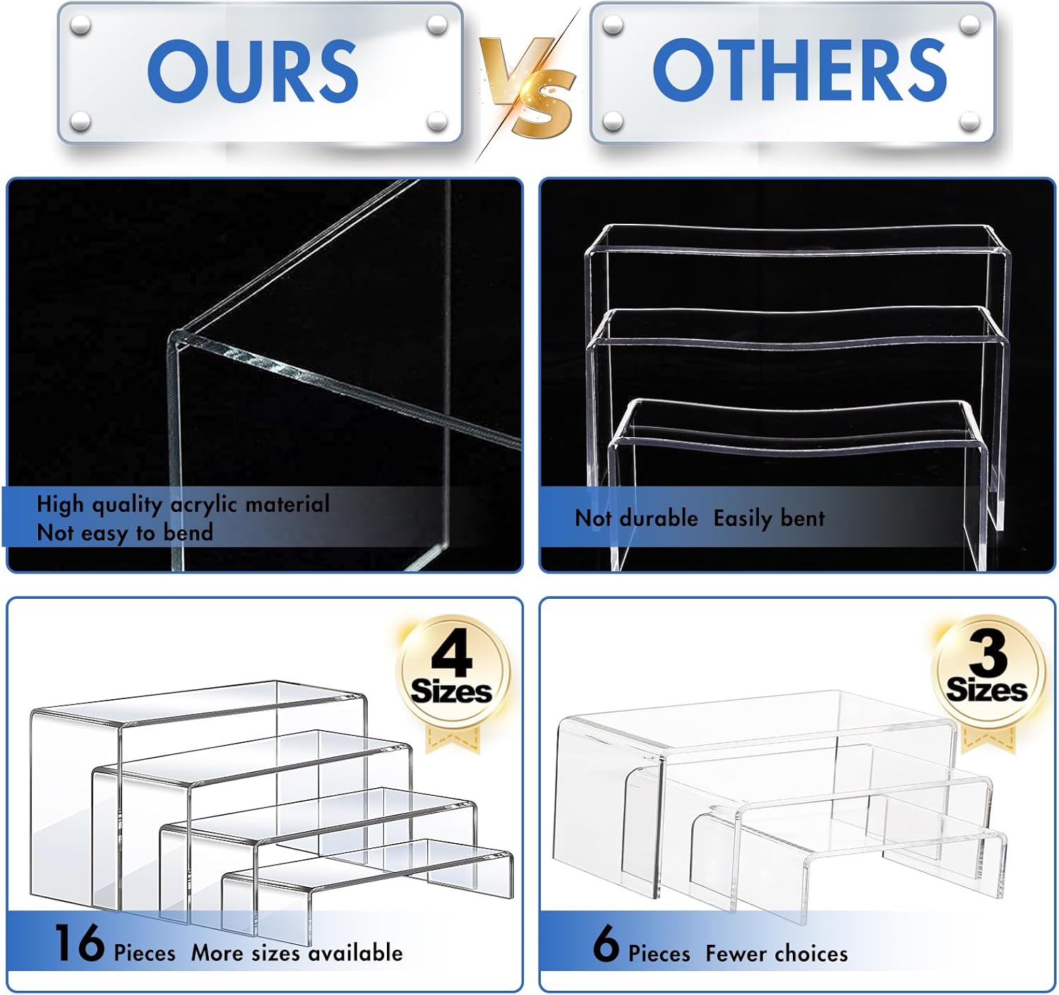 Aheroi Acrylic Risers Display Stands, Acrylic Stands for Display 16Pcs 4Set | Clear Risers Display Stands, Acrylic