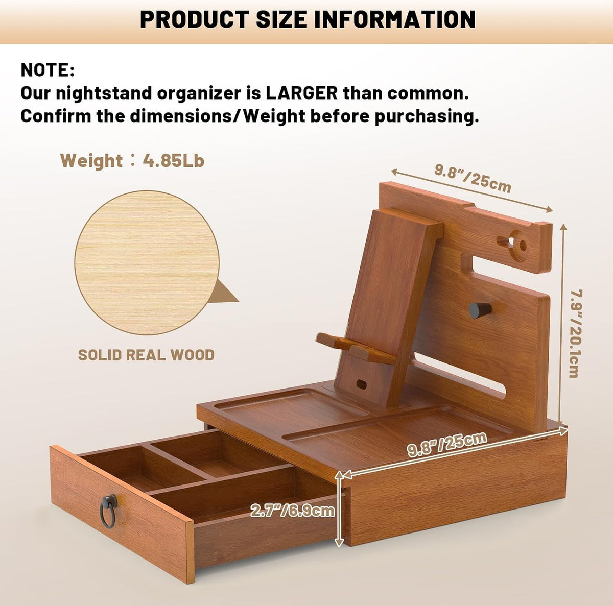 Wood Phone Docking Station, Nightstand Organizer with Drawer | Bedside Table Organizer for Watch & Accessories