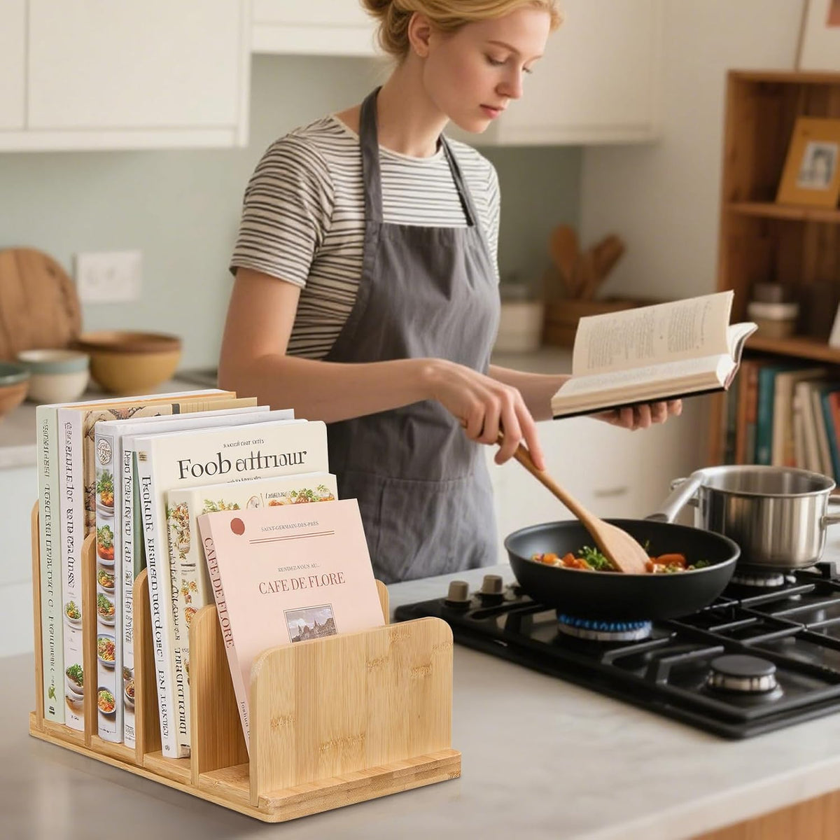 Cook Book Organizer,Bamboo Cookbook Stand for Kitchen Counter with 4-Slot,Sturdy Recipe Book Holder Stand for