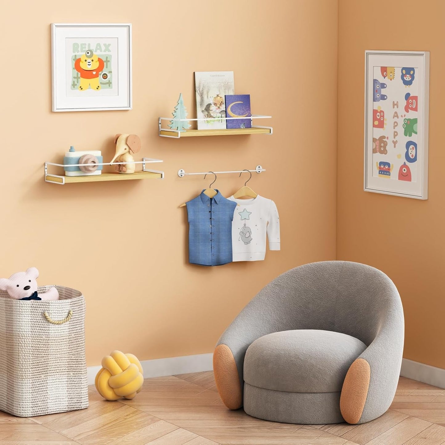 Forbena Floating Shelves for Wall with Rail, White and Natural Wood Nursery Book Shelves for Baby Girls Boys Kids Room