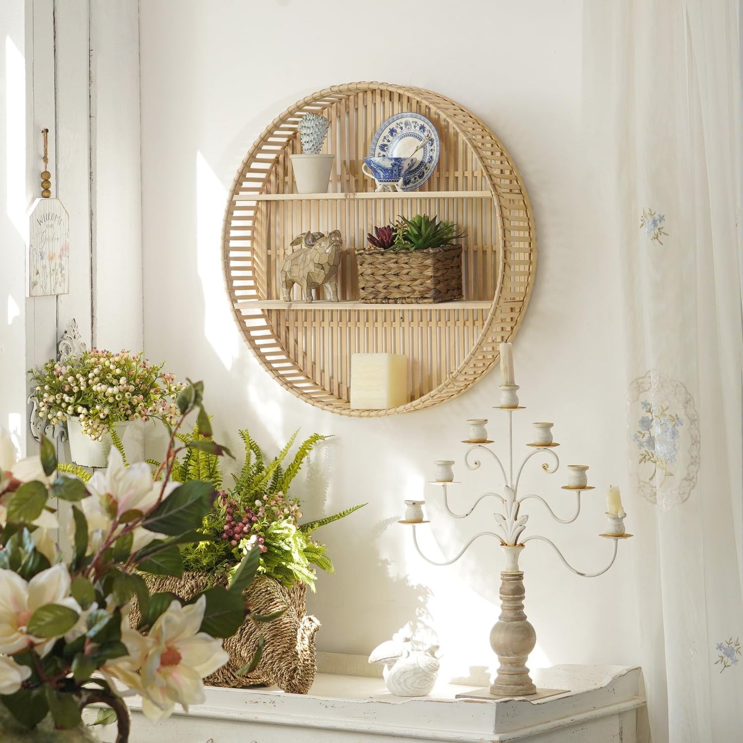 Rattan Wall Shelf 3 Tier Boho Wall Mounted Shelf Farmhouse Handcraft Round Floating Shelf Display
