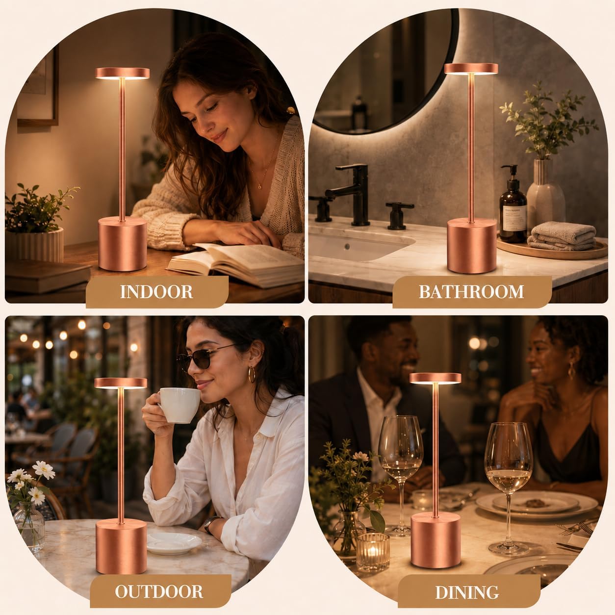 Rose Gold Cordless Table Lamps Set of 2, Battery Operated Rechargeable LED Lamps with Touch Control, 3 Color