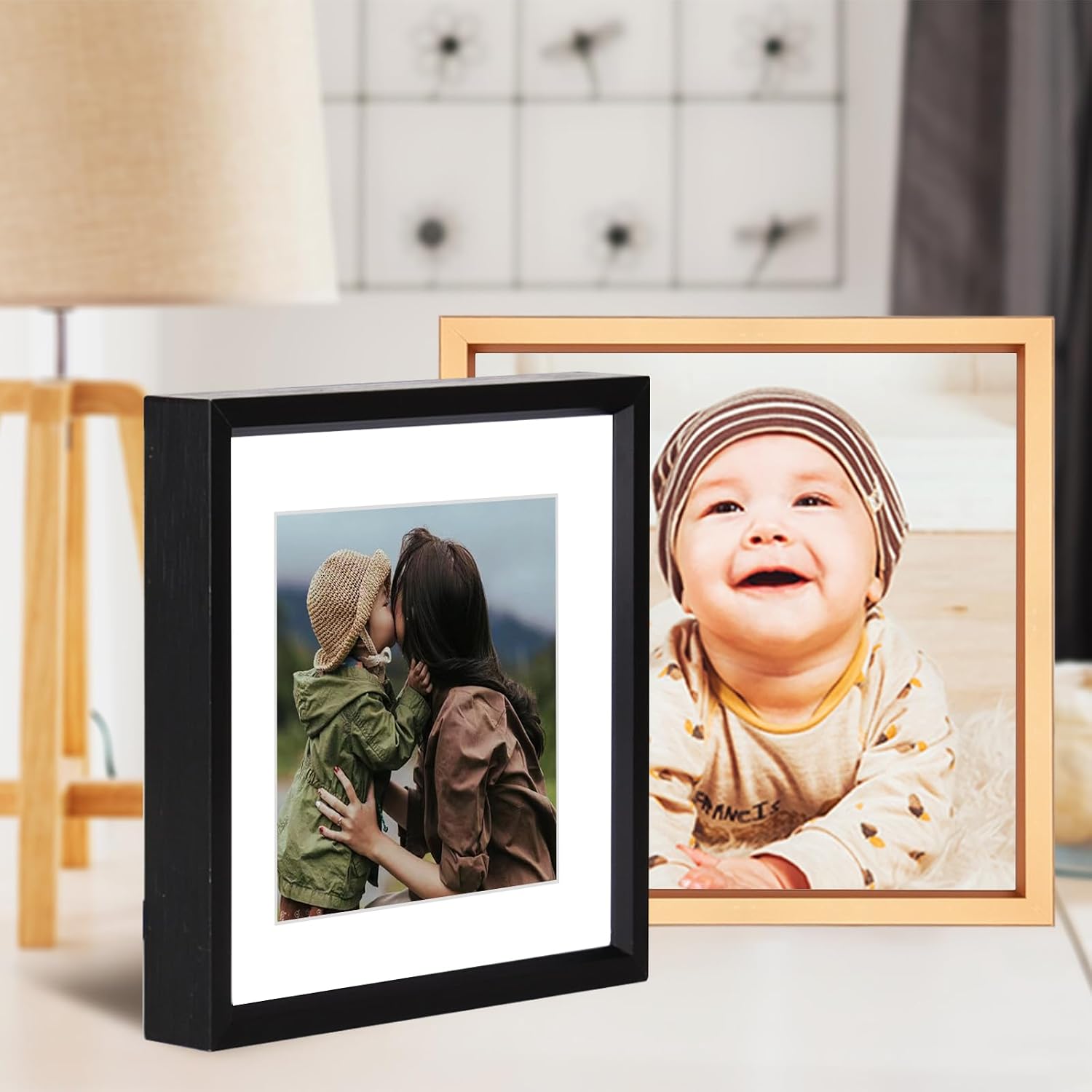 BKABOT 4x4 Black Metal Photo frames 3 Pack HD Glass Mat 3x3 Wall Table | Brushed aluminum Picture frames,removable