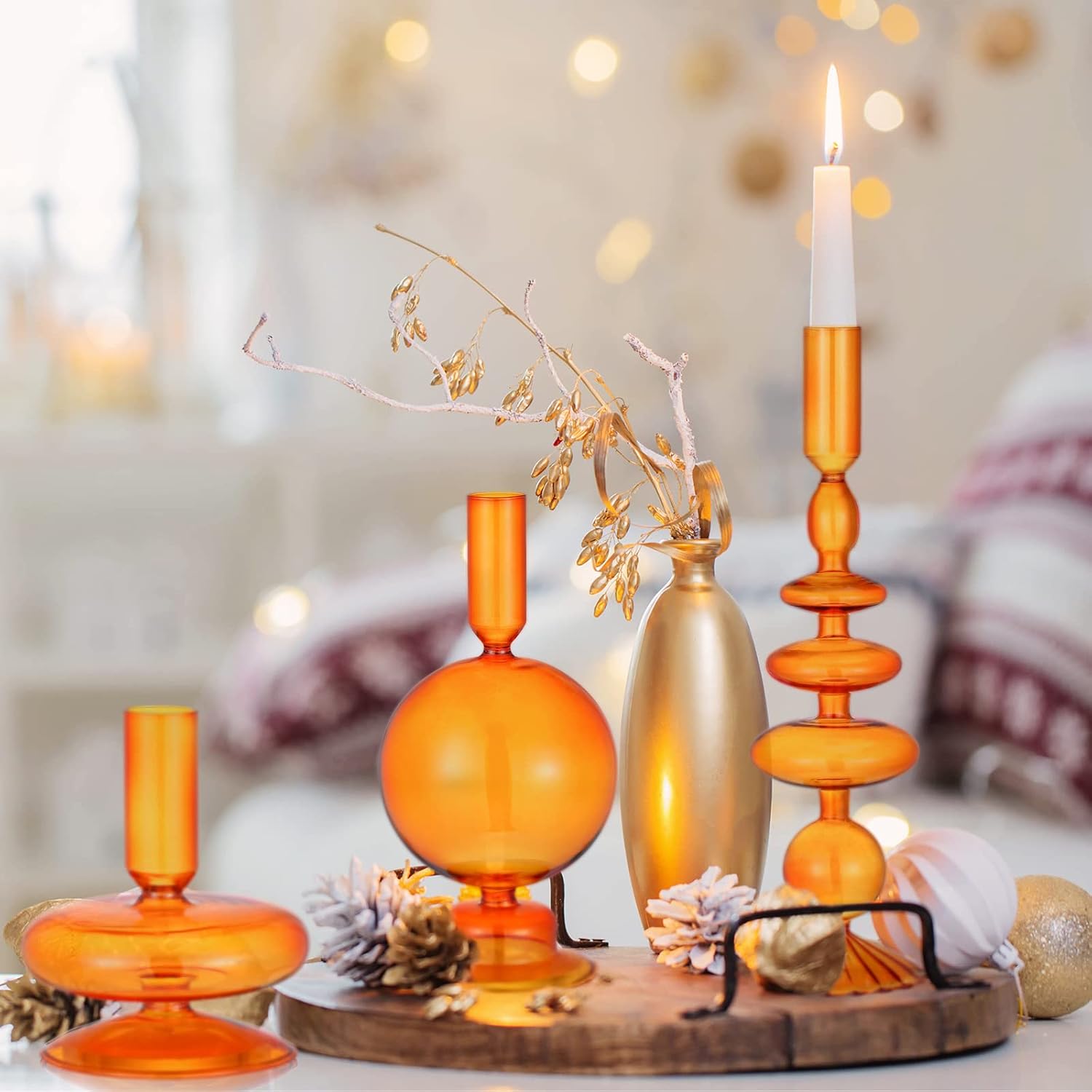 Rtteri 3 Pcs Glass Candle Holder Groovy Wavy Taper Candle Stick,Brown | Taper Candles Holder, Wavy Glass Holder Stable