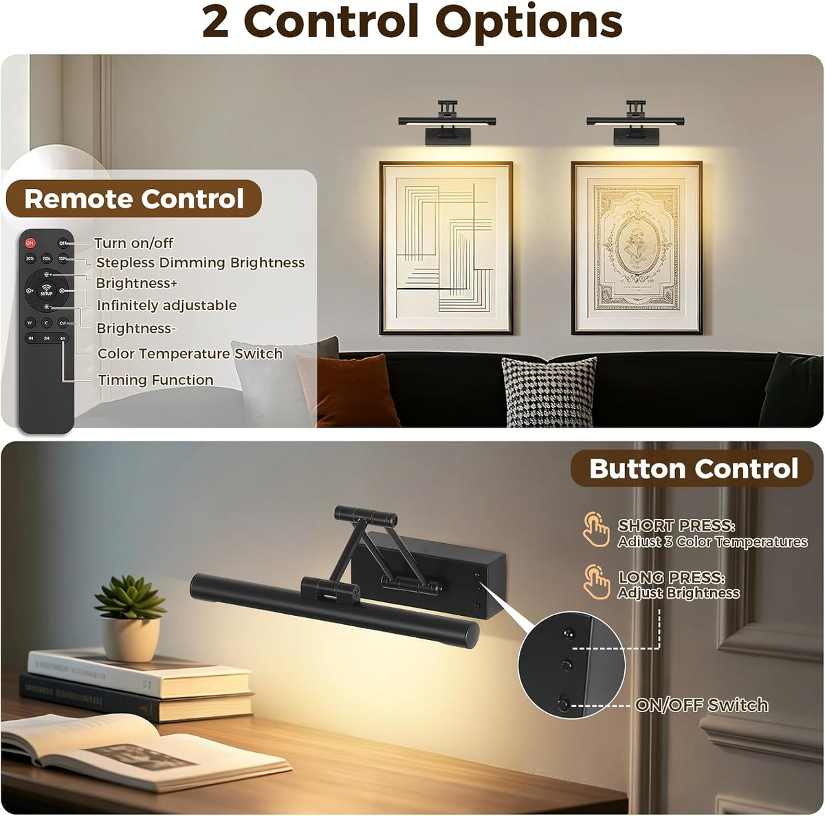 Battery Operated Picture Lights for Wall, Wireless Gallery Lights Black | Dimmable Picture Lighting with Remote and