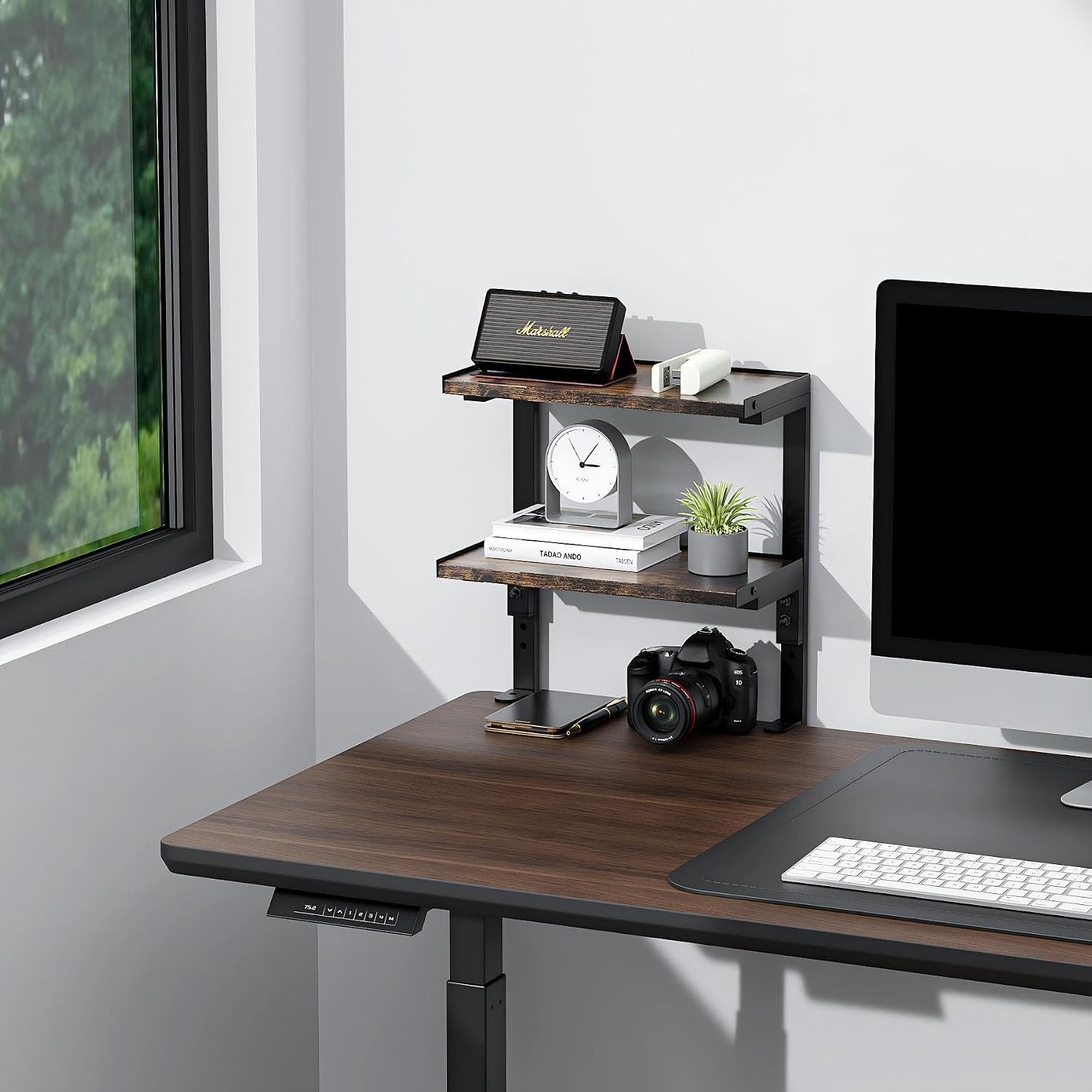Spacrea Clamp on Desk Shelf, 2 Tier Office Desk Shelves Organizer, Wood Desktop Supplies Storage Rack, Desk Organizers