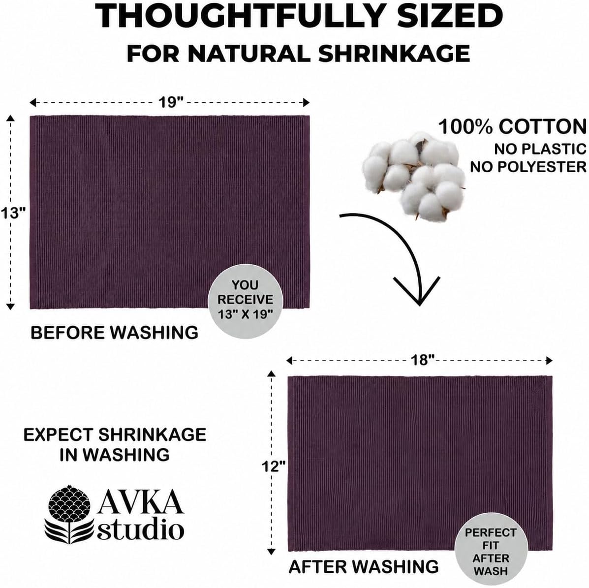 100% Cotton Ribbed Placemats - Set of 8-13 x 19 Inches - Dark Purple - Everyday Cloth Table Mats - Thick Construction