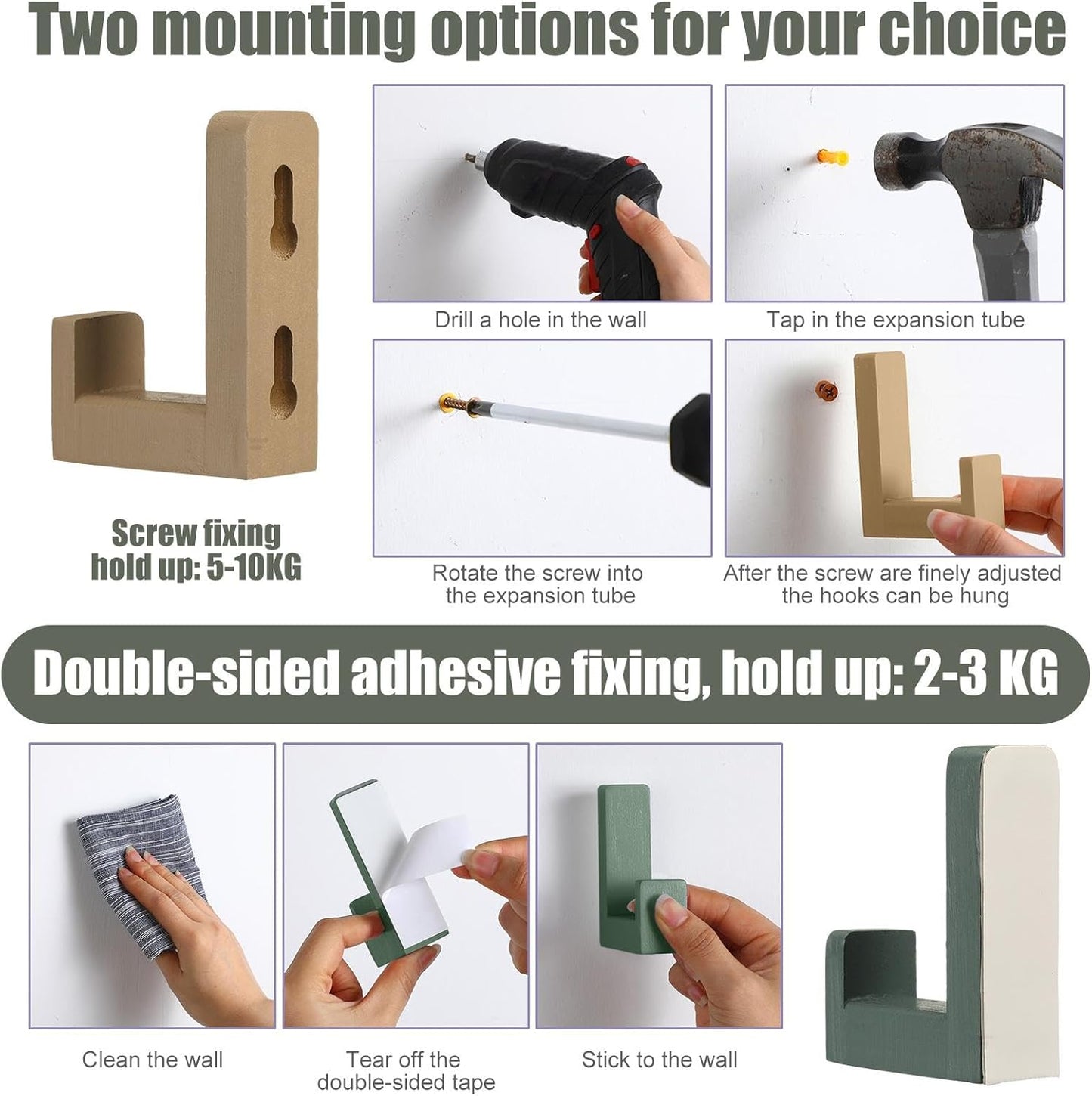 Kids Coat Wall Hooks Wooden Adhesive Decorative Colorful Wall Mounted Hangers / Green / Set of 6