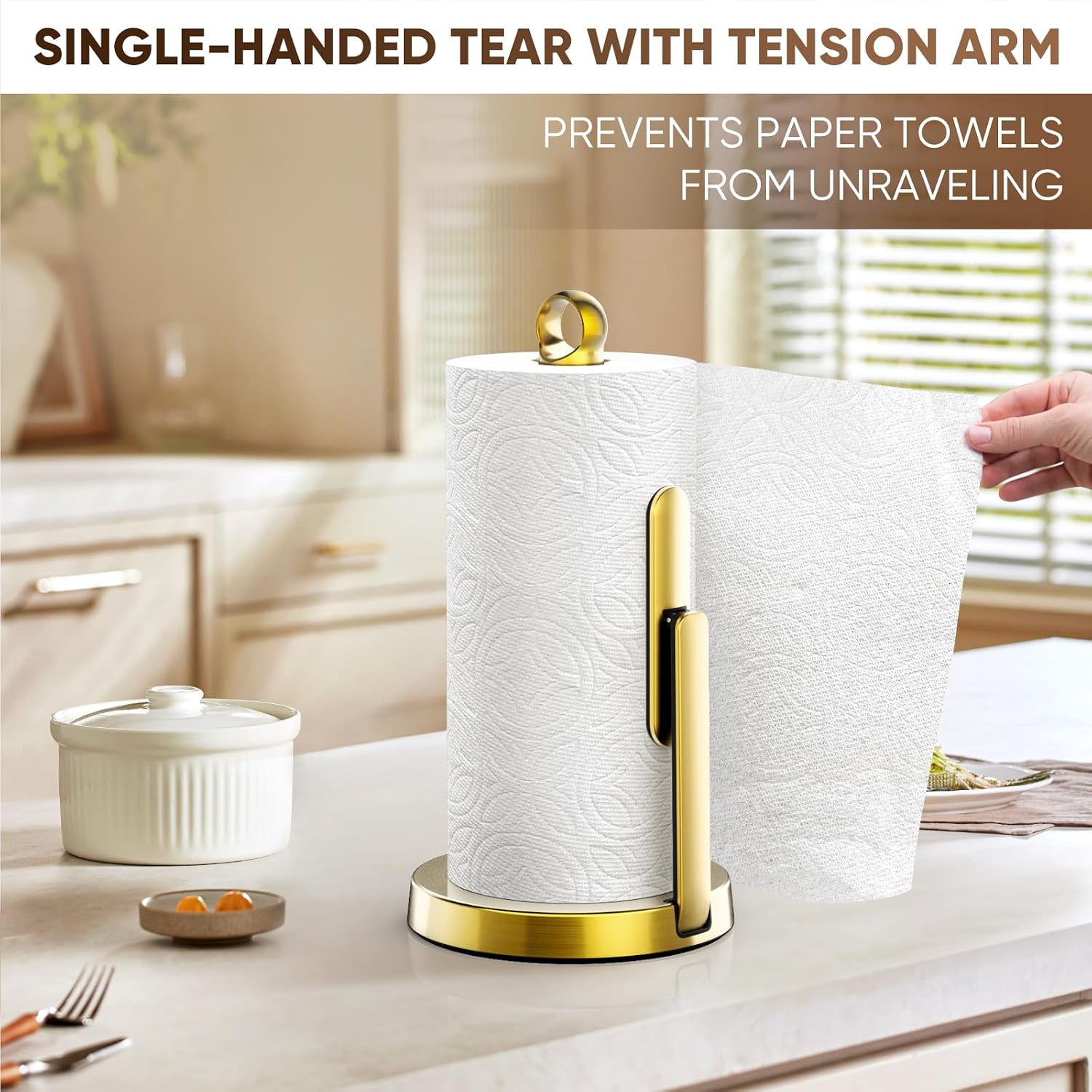 theaoo Heavy-Duty Paper Towel Holder with Tension Arm, Countertop(1, Gold) | Easy One-Handed Tear, Modern Stainless