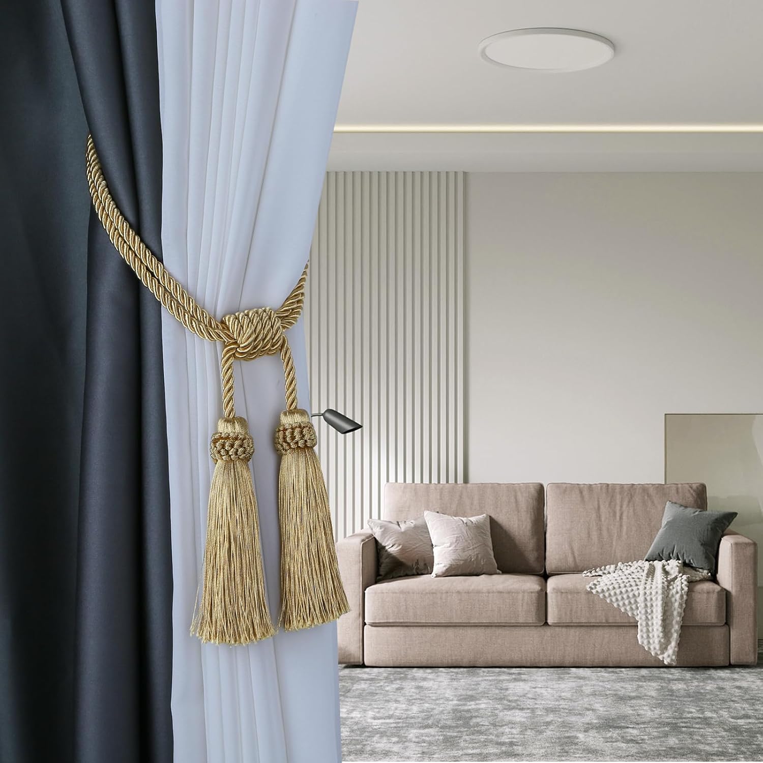 Magnetic Curtain Tiebacks Handmade Tassel Drapery Holdback,4P | Gold,Modern Handmade Tie Backs,Magnet Tassel Curtain