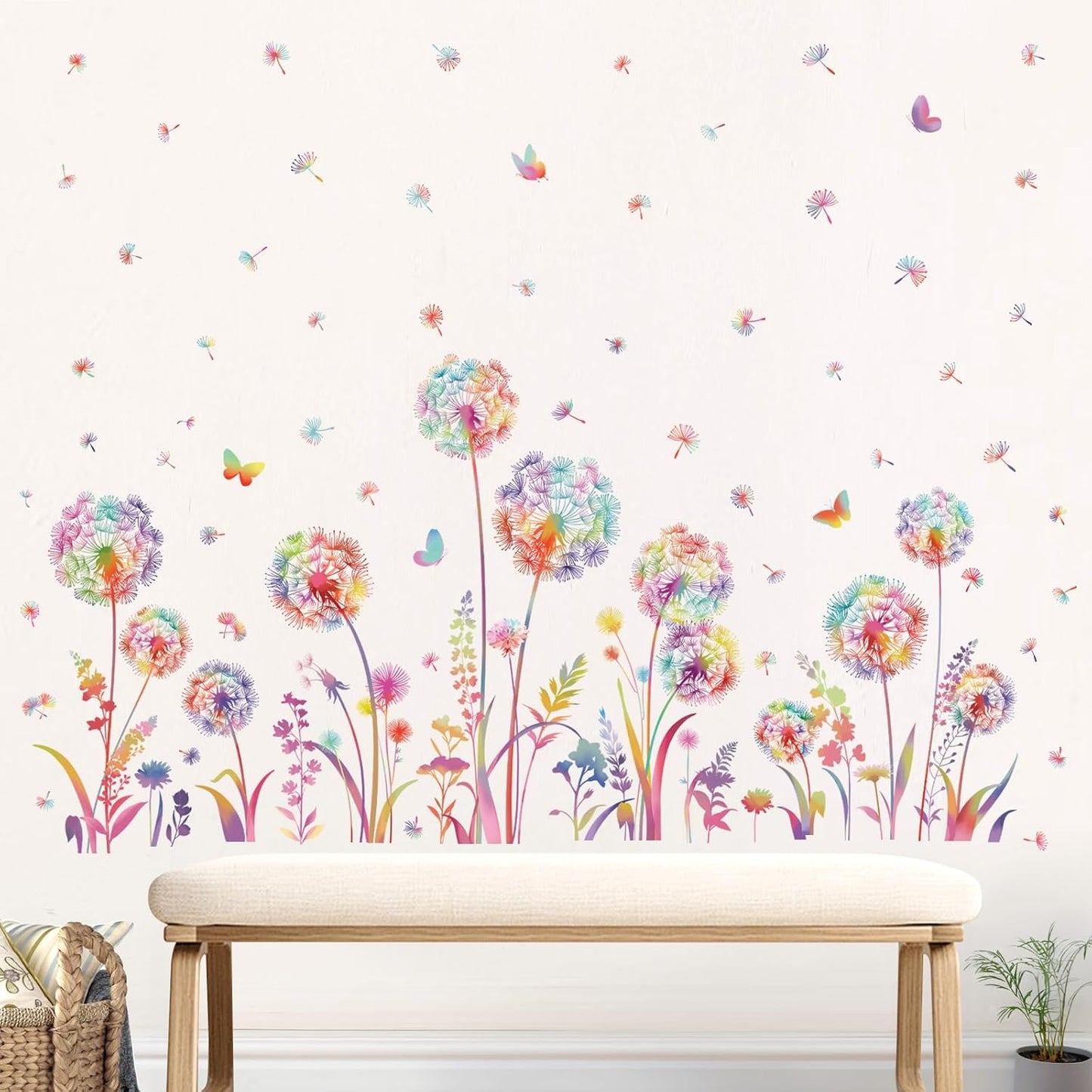 Colorful Dandelion Flower Wall Decals Flying Floral Butterfly Wall Stickers Living Room Bedroom