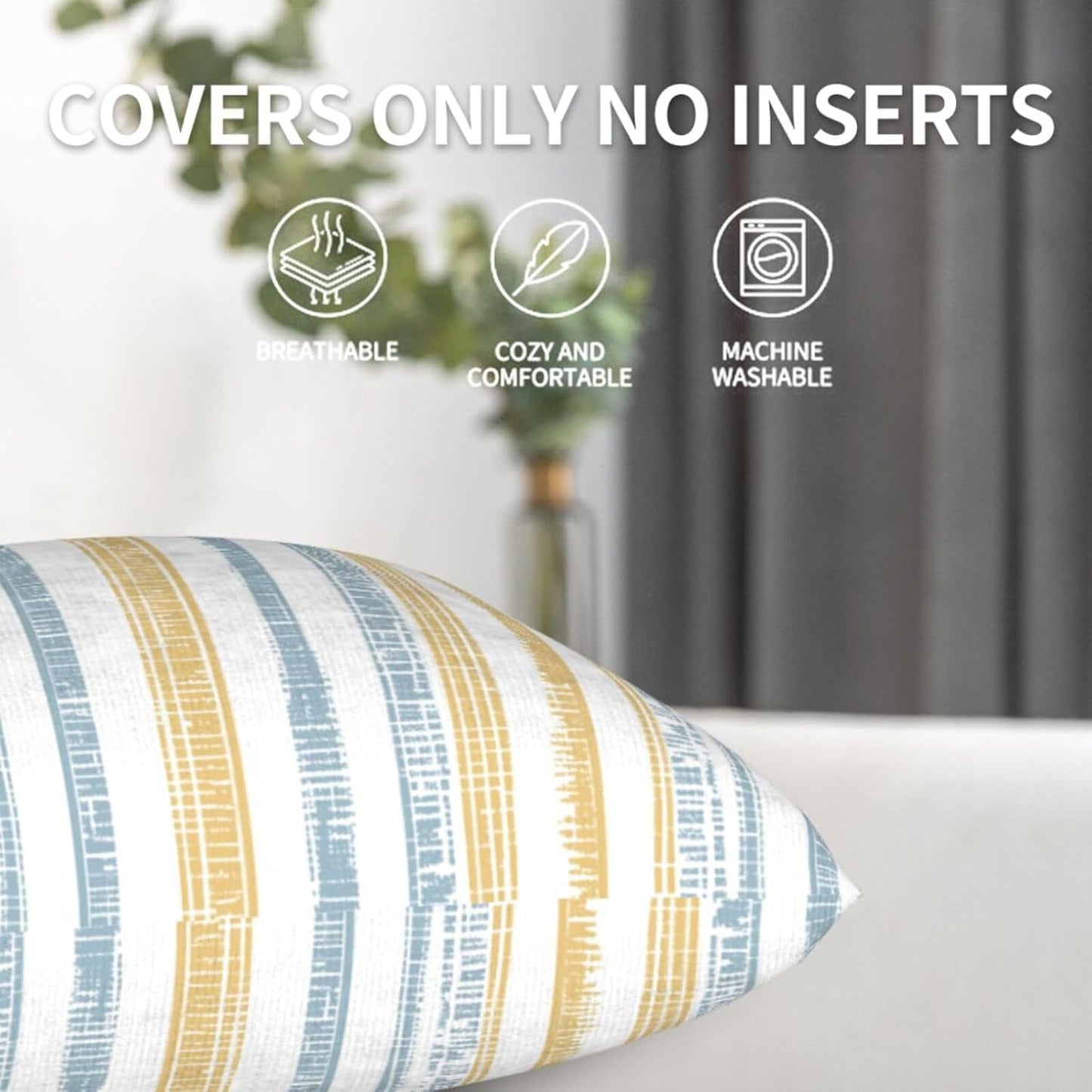 Throw Pillow Covers Outdoor Decorative Pillow / 18 x 18 / Boho Light Blue Yellow Striped / Set of 2