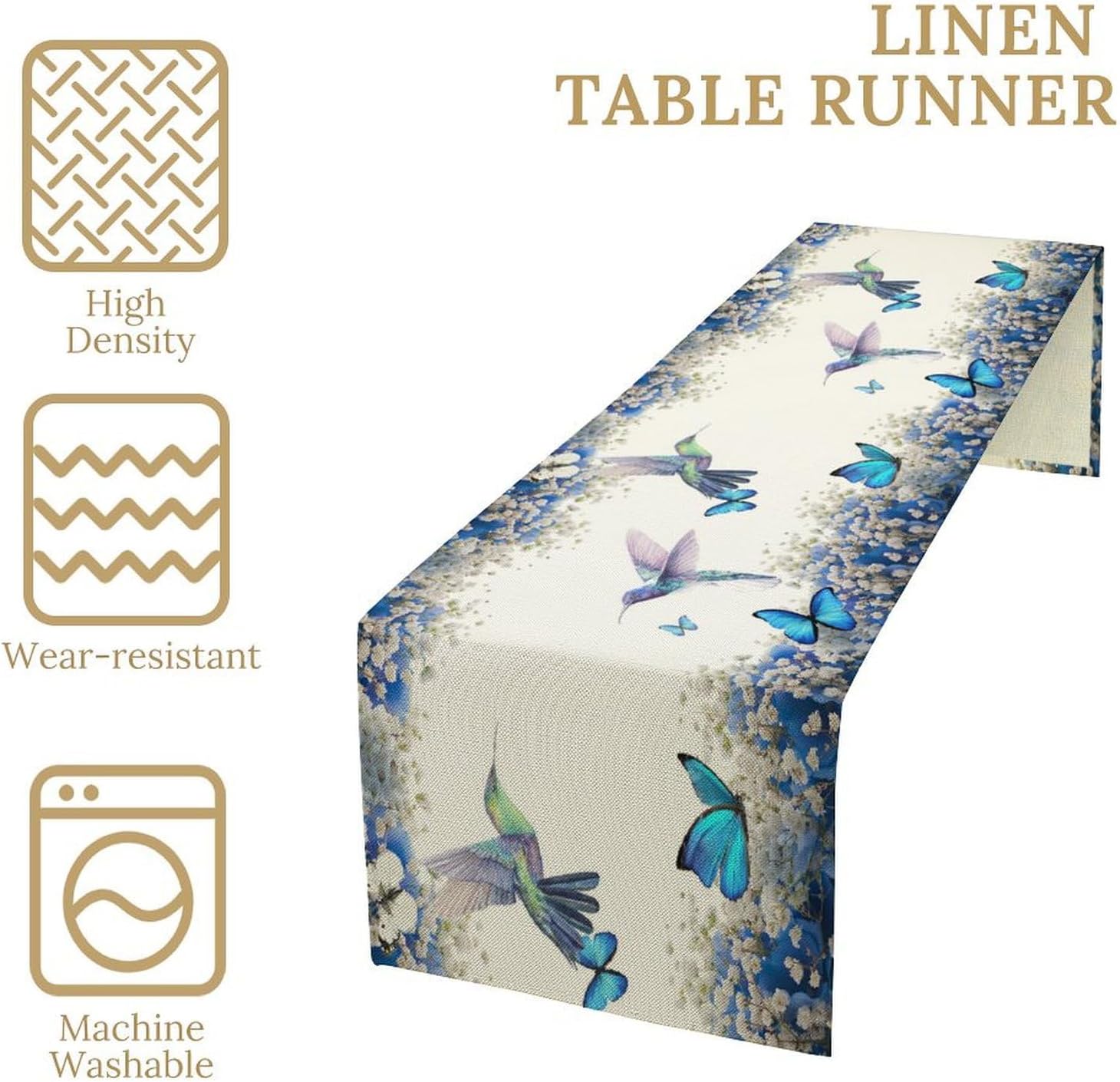 Hummingbird Flower Table Runner, Watercolor Spring Garden Theme Blue Flowers Butterfly Hummingbird Patterns Printed