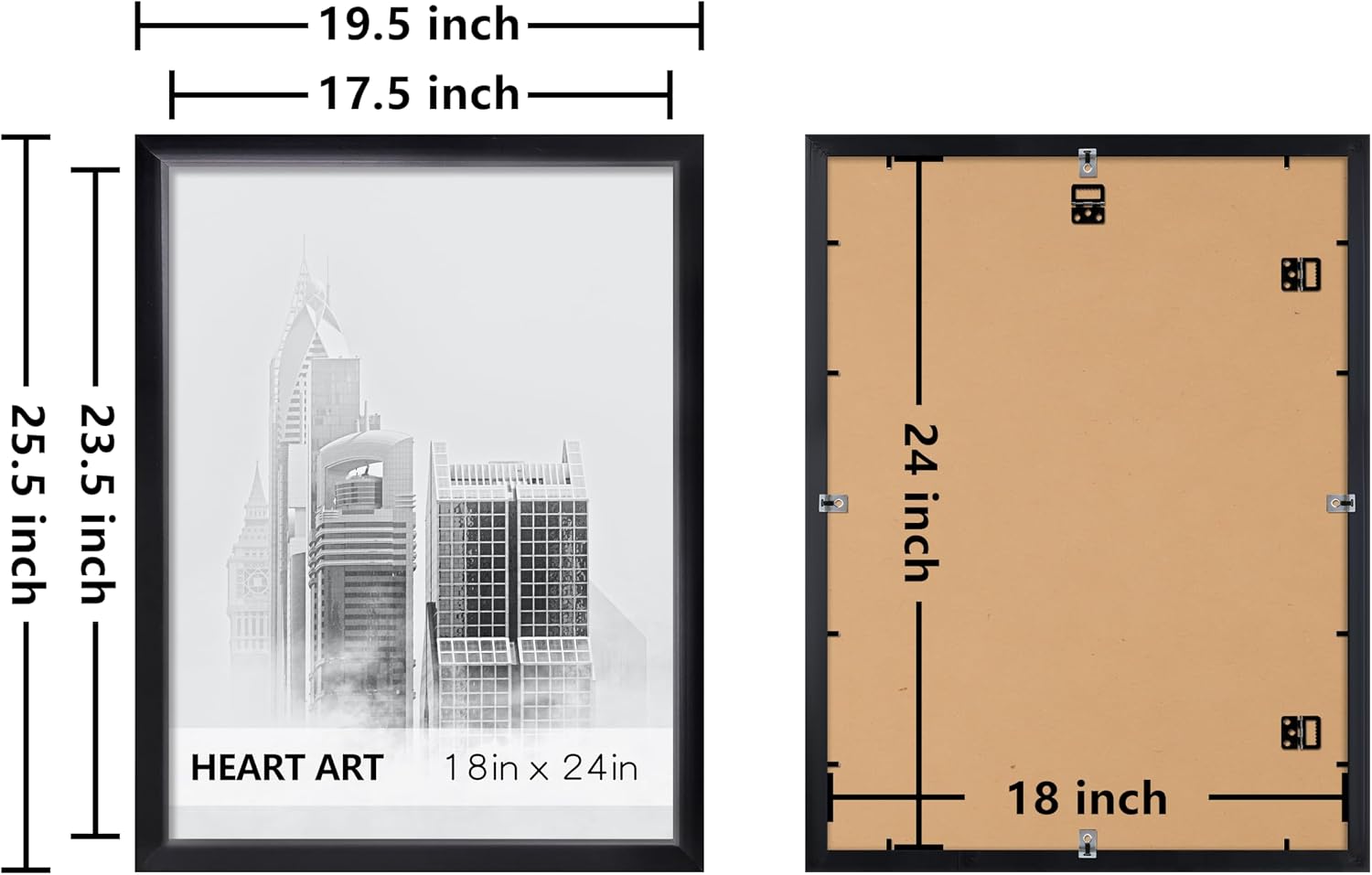 HEART ART 18x24 Poster Frames Without Mat Set of 4, Black | wall picture display 18 x 24 Poster Frames