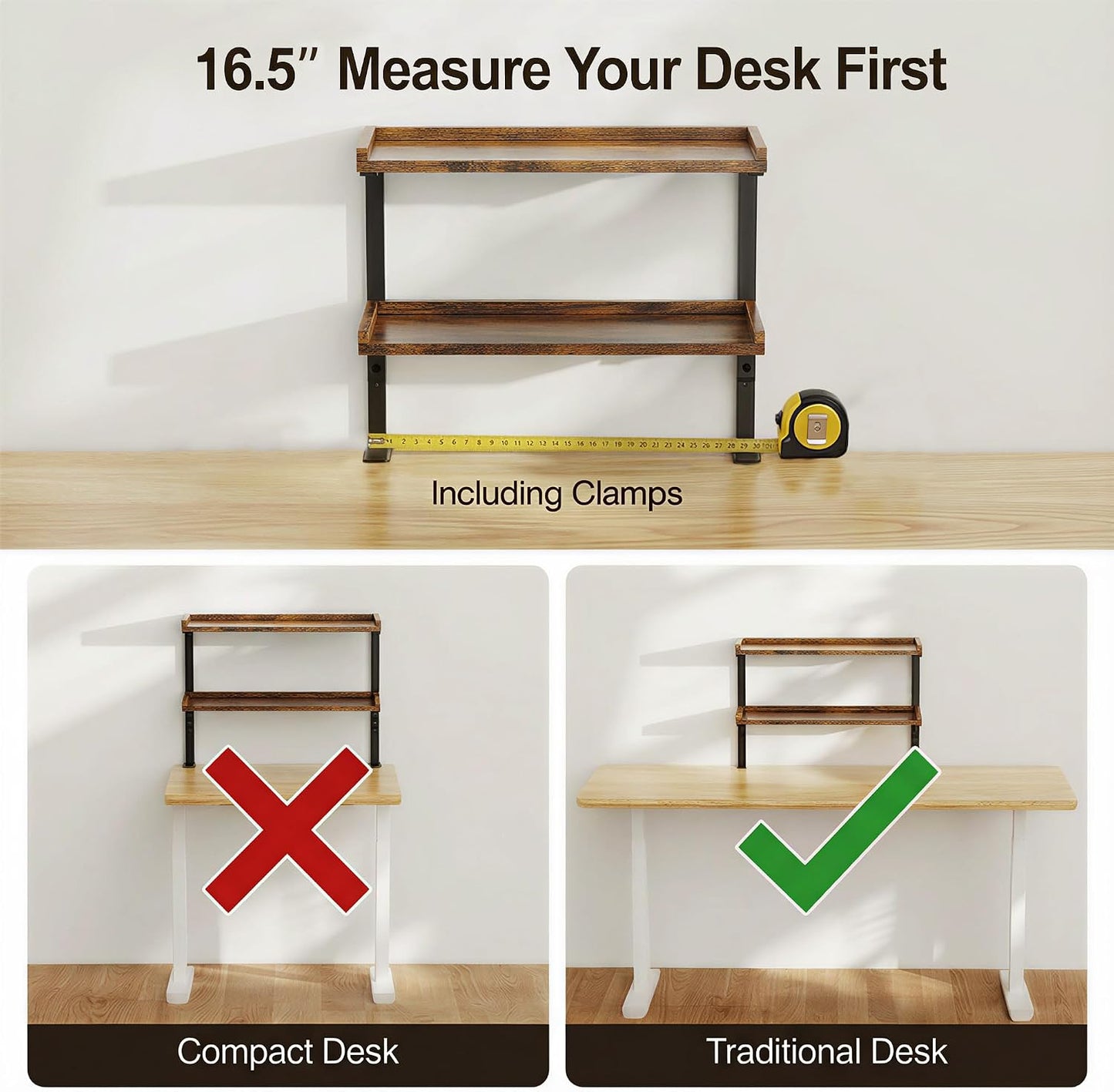 Clamp On Desk Shelf 2-Tier, 16.5 in Wood Shelving Unit for Office Desk/Gaming Accessories, Tabletop Book Storage Rack