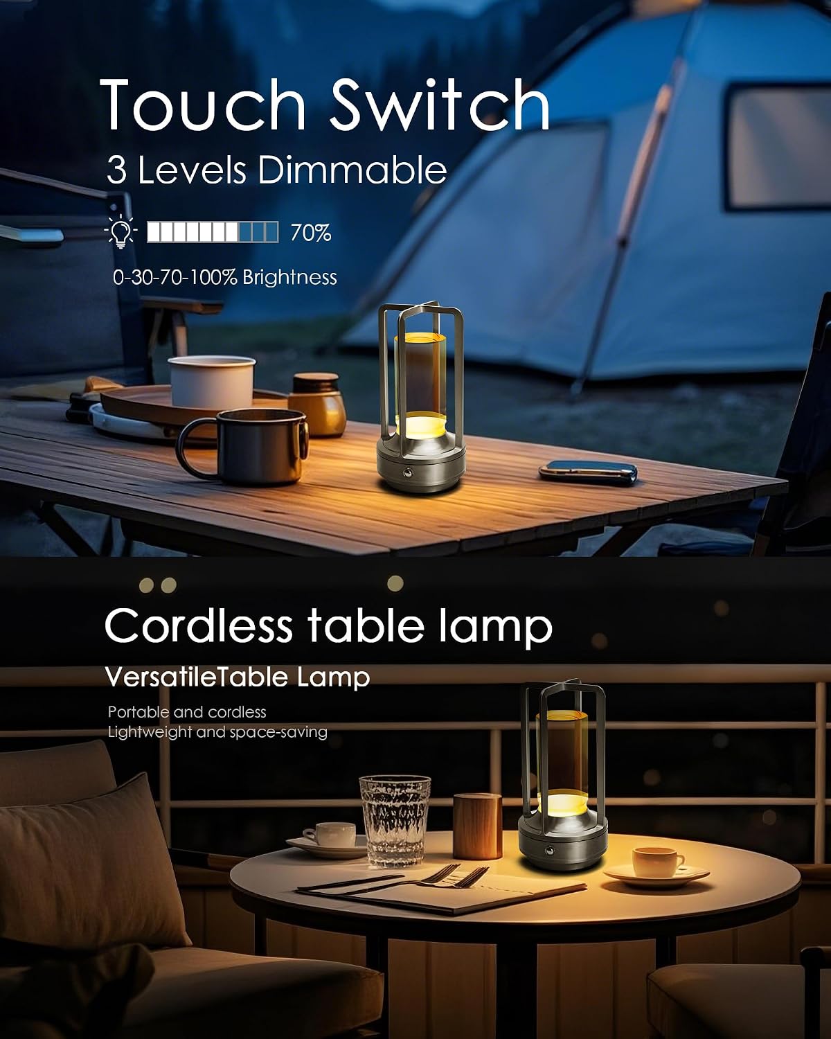 Set of 2 Cordless Table Lamps Rechargeable Desk Lamps Silver | Battery Operated Table Light with 3 Color Stepless